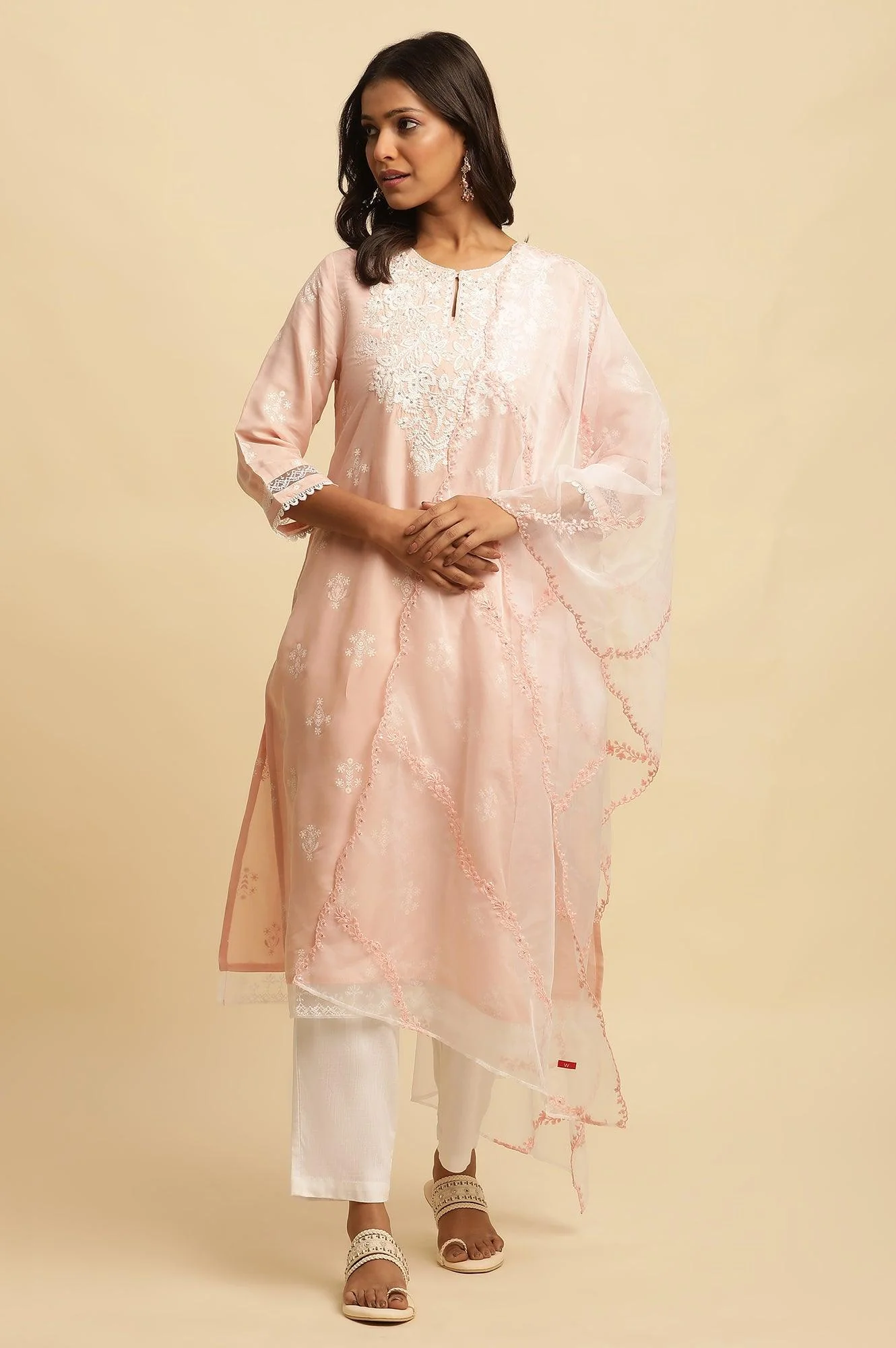 Ecru Organza Dupatta With Thread Embroidery