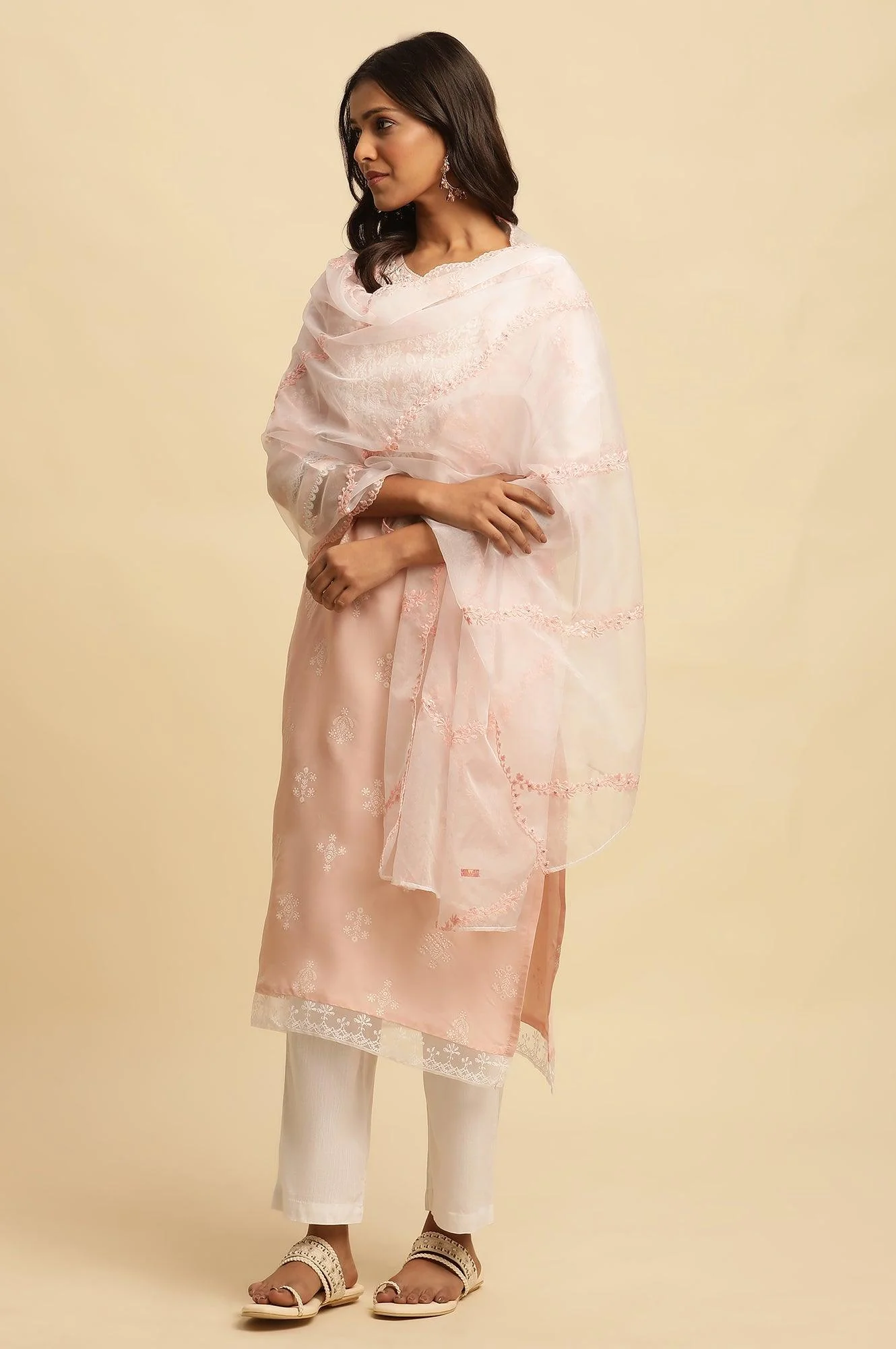Ecru Organza Dupatta With Thread Embroidery - Image 4
