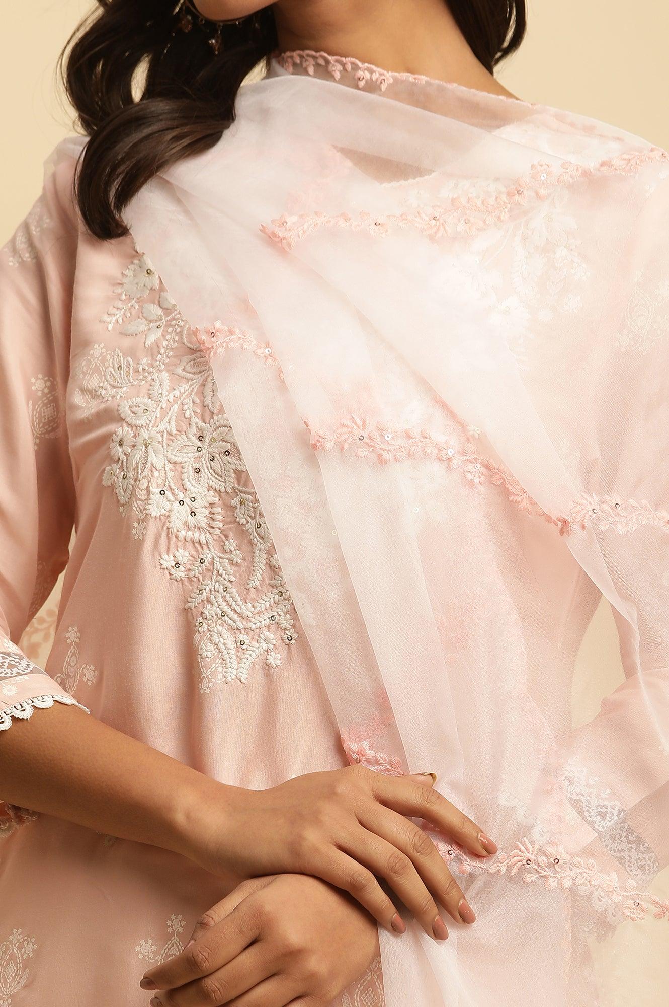 Ecru Organza Dupatta With Thread Embroidery - Image 5