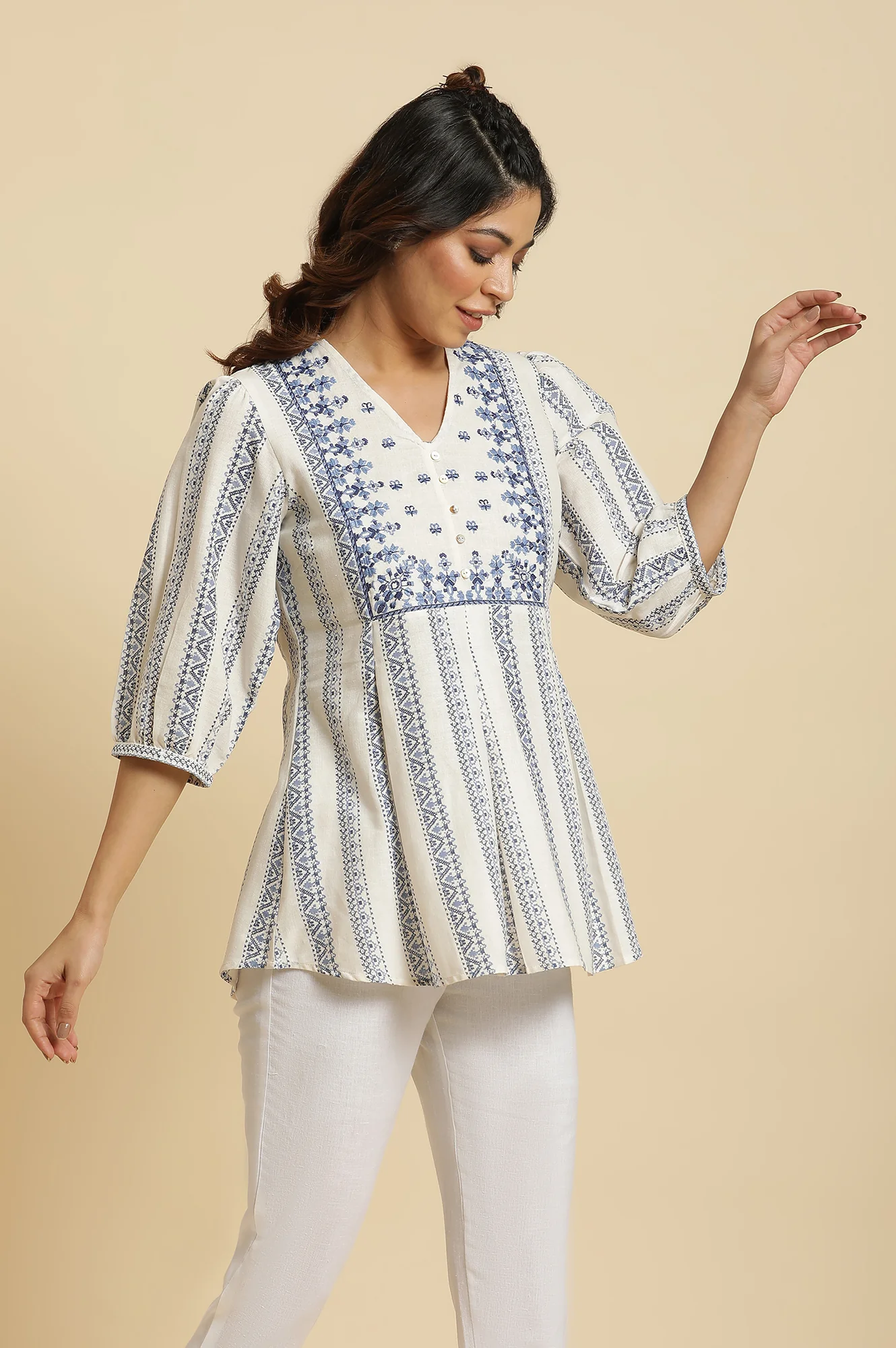 Ecru Peplum Top In Blue Print - Image 5