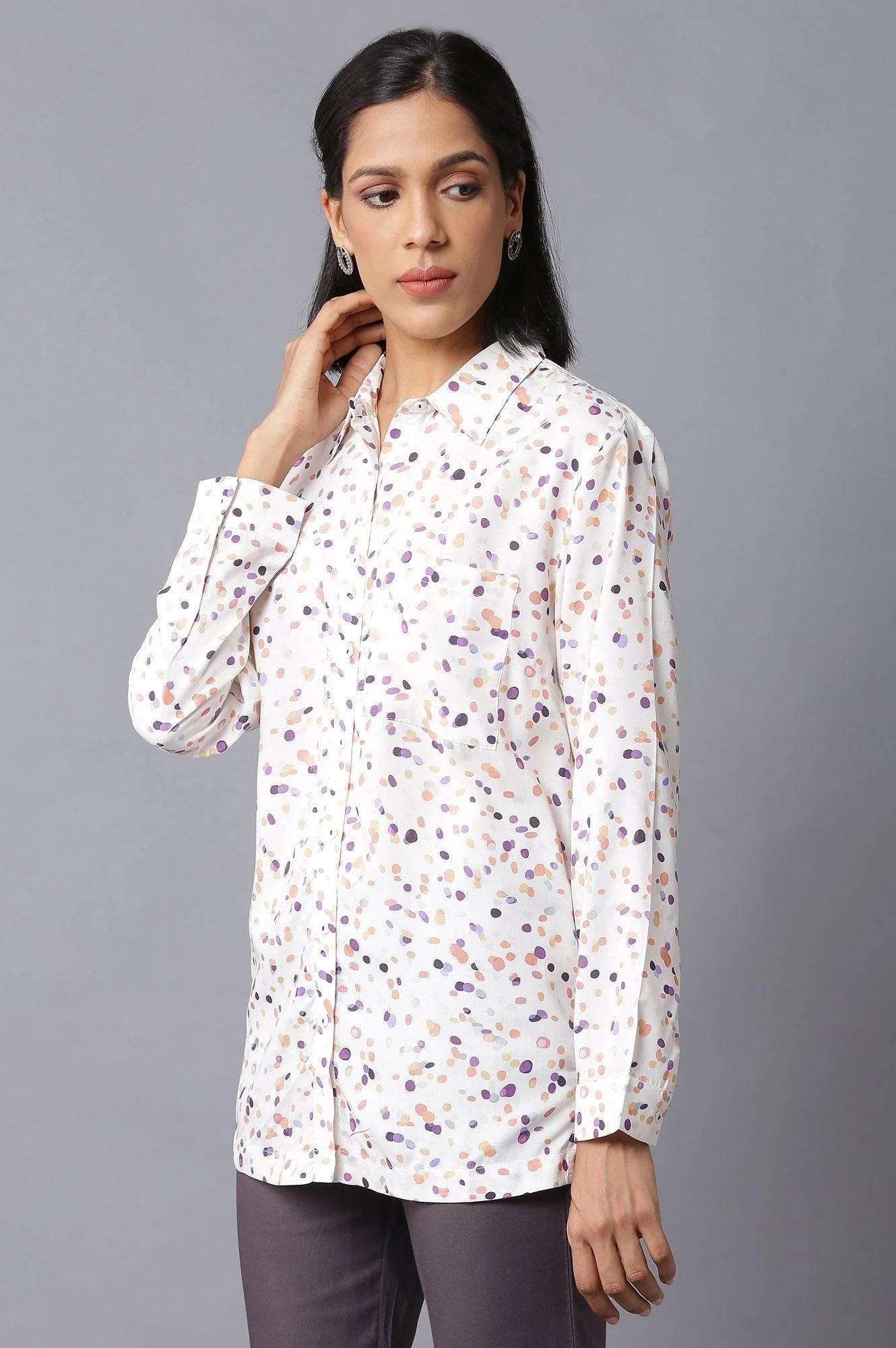 Ecru Polka Dots High-Low Shirt - Image 3