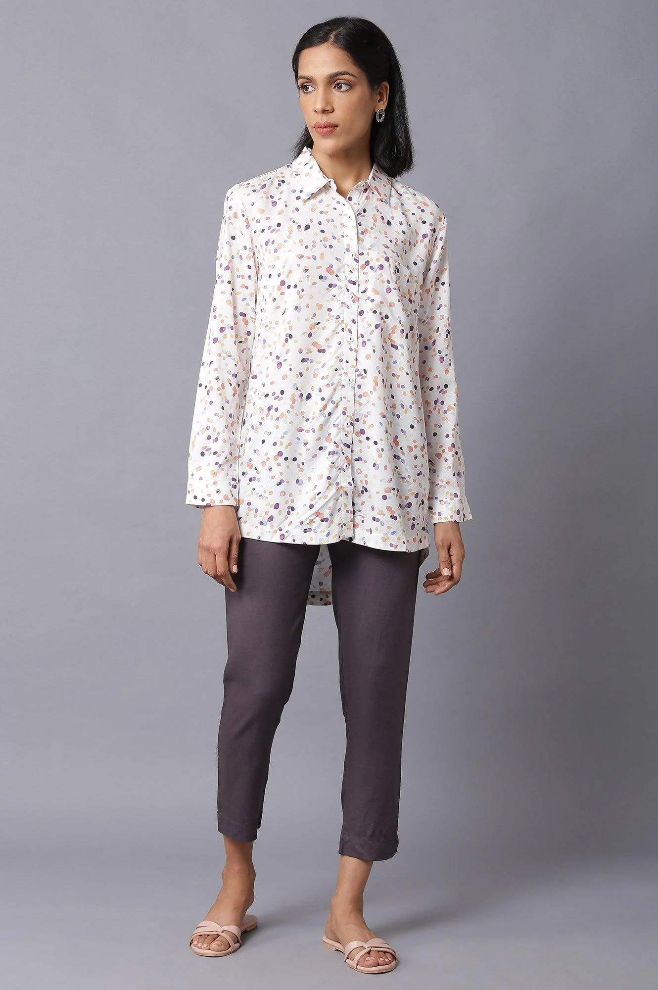 Ecru Polka Dots High-Low Shirt - Image 5
