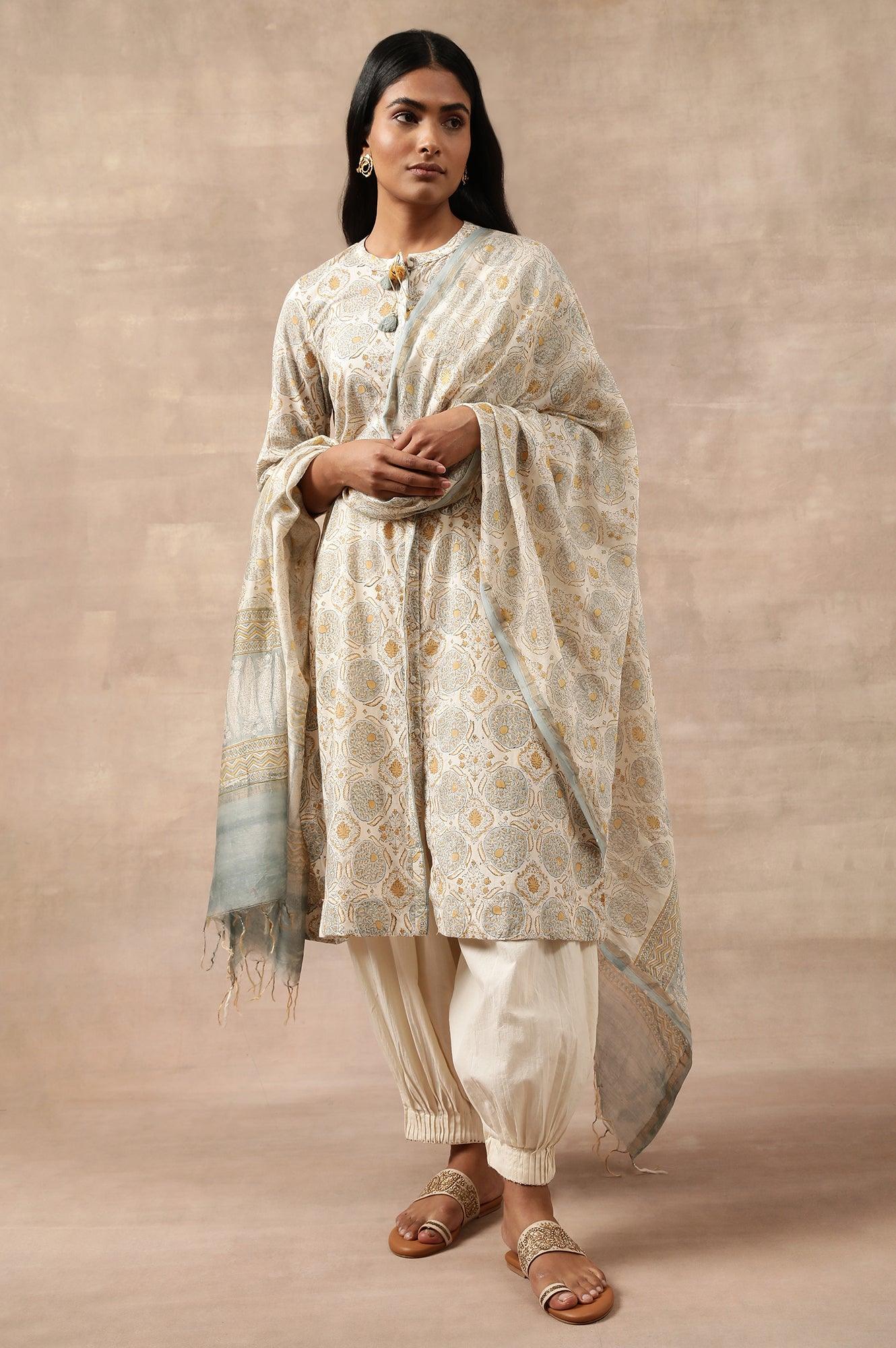 Ecru Printed Cotton Silk Drape