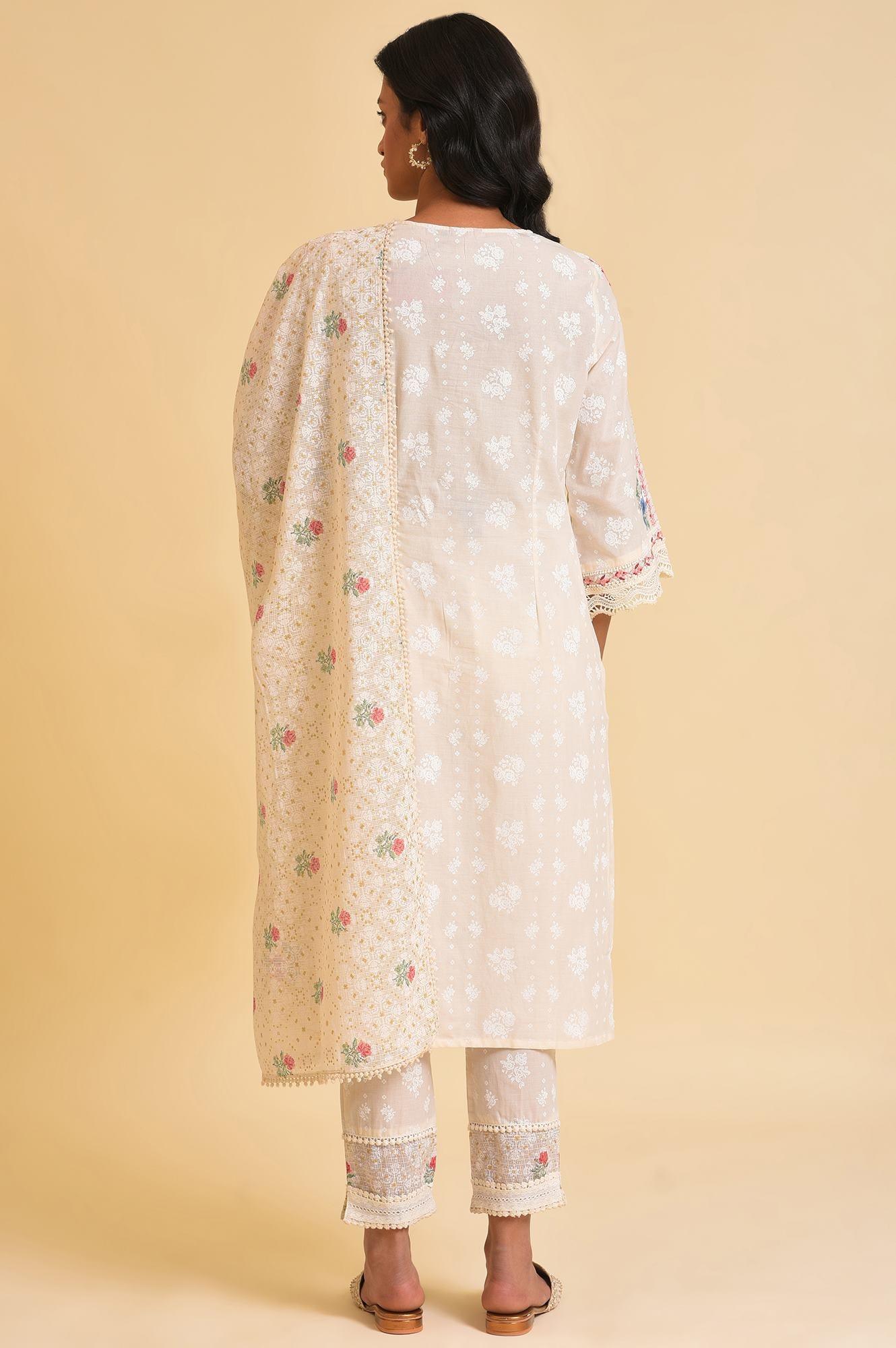 Ecru Printed Festive kurta, Pants & Dupatta Set - Image 2