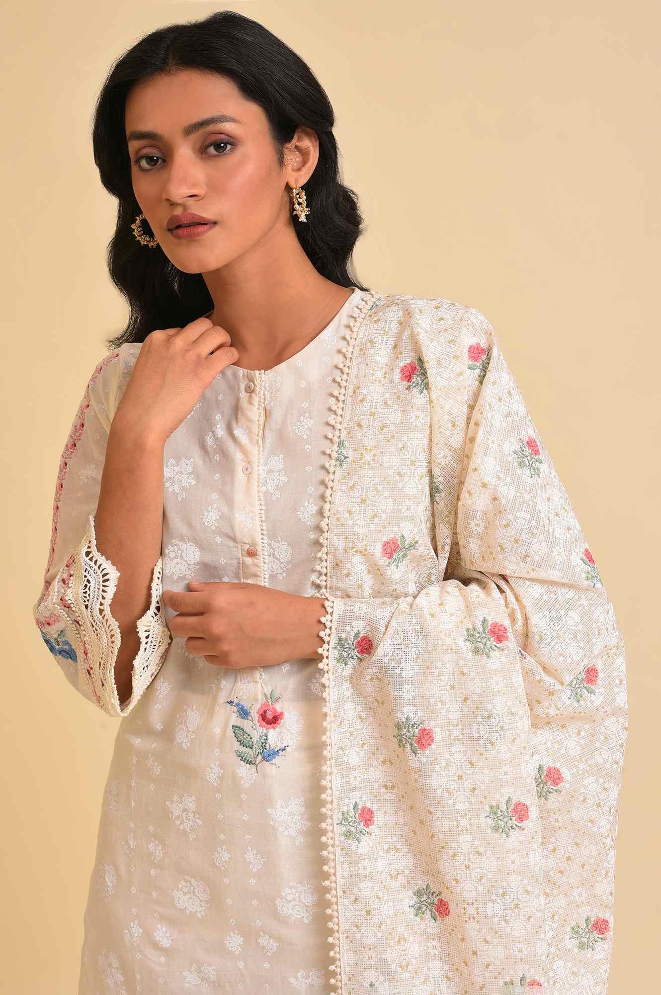 Ecru Printed Festive kurta, Pants & Dupatta Set - Image 5