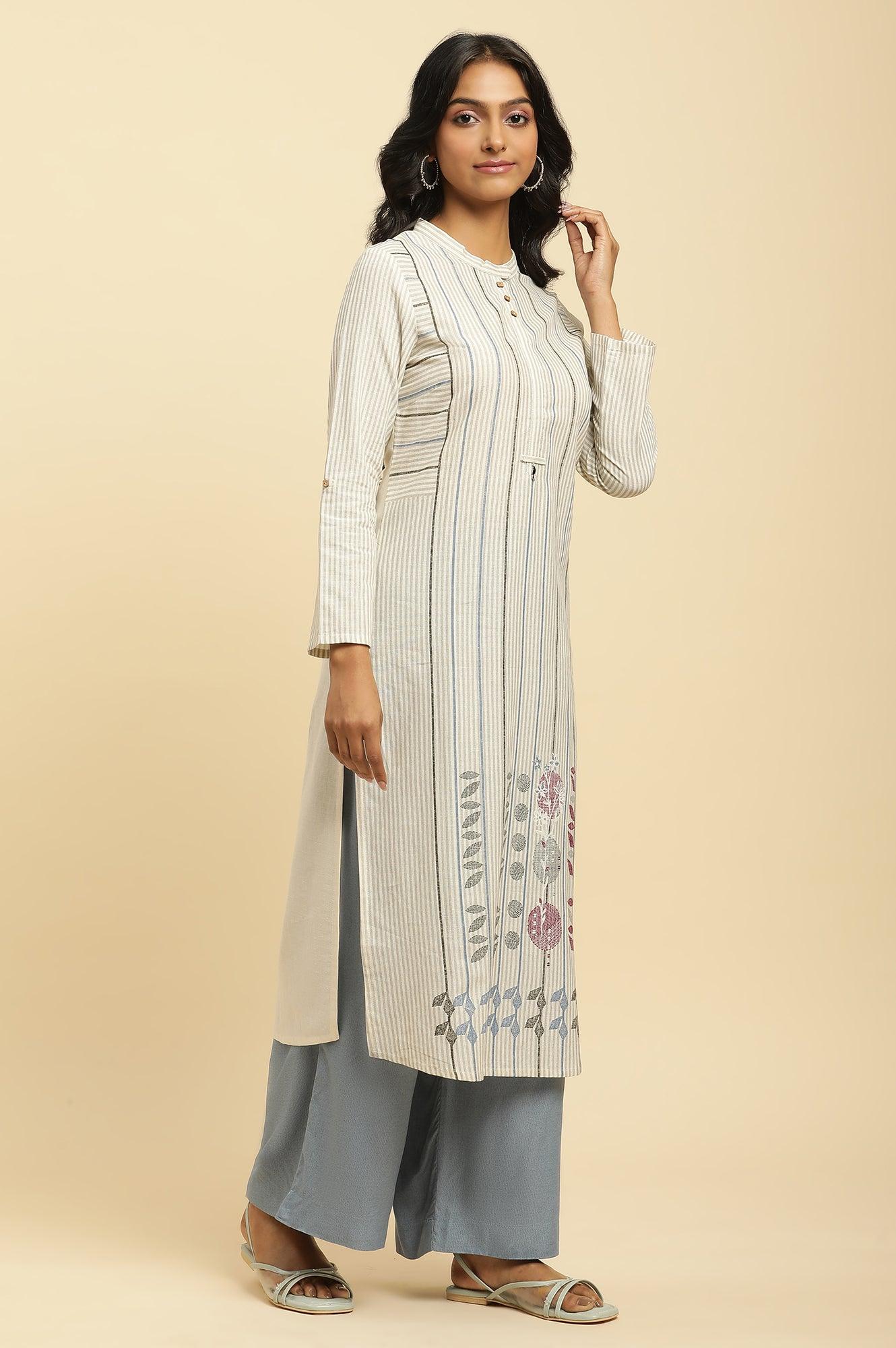 Ecru Printed Kurta With Blue Denim Parallel Pants - Image 3