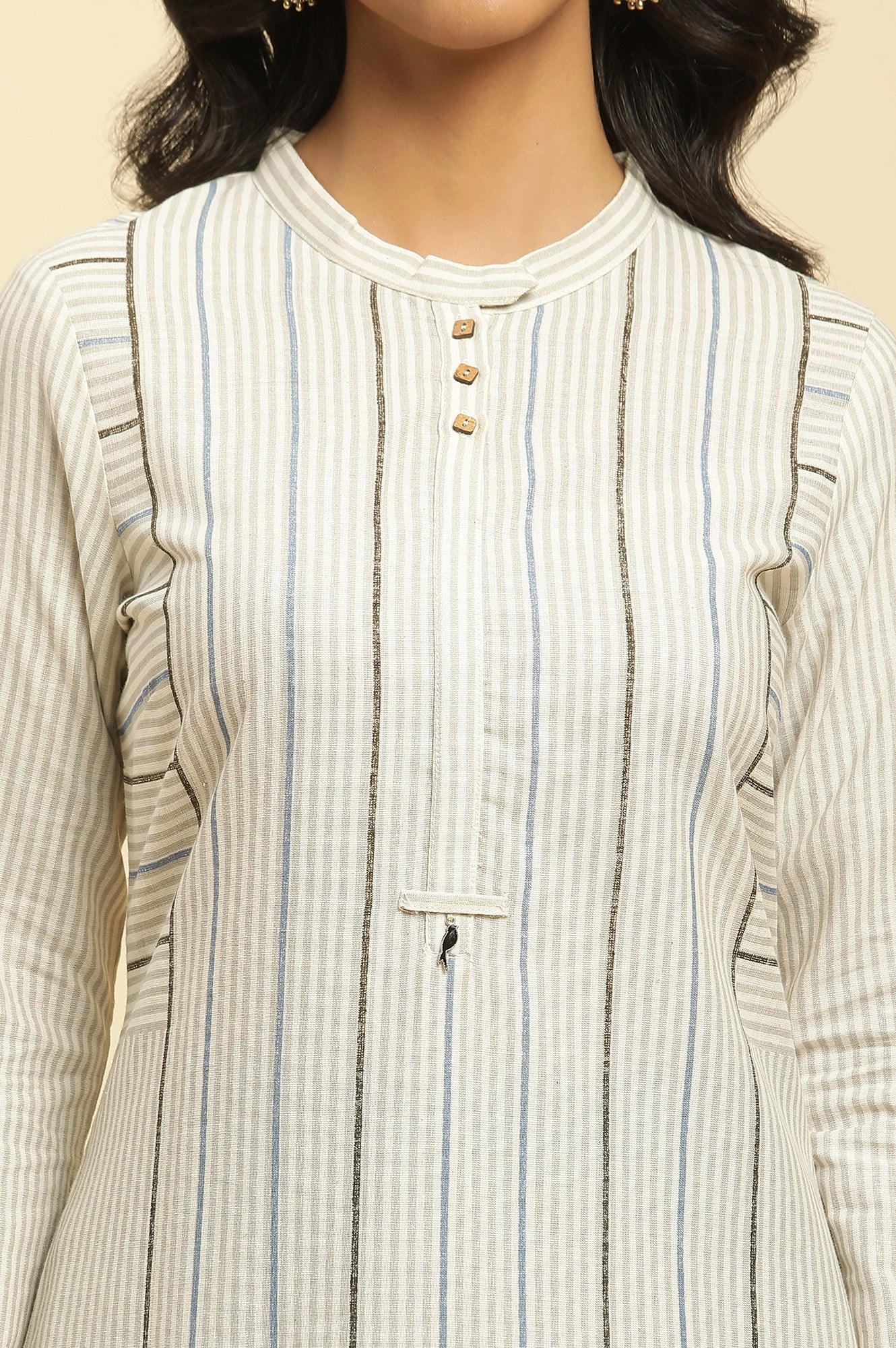 Ecru Printed Kurta With Blue Denim Parallel Pants - Image 6