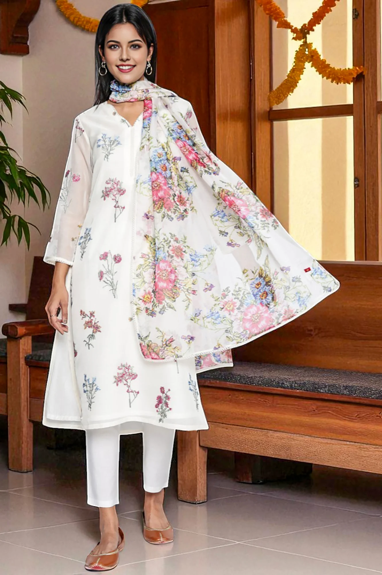Ecru Printed Organza Dupatta - Image 2