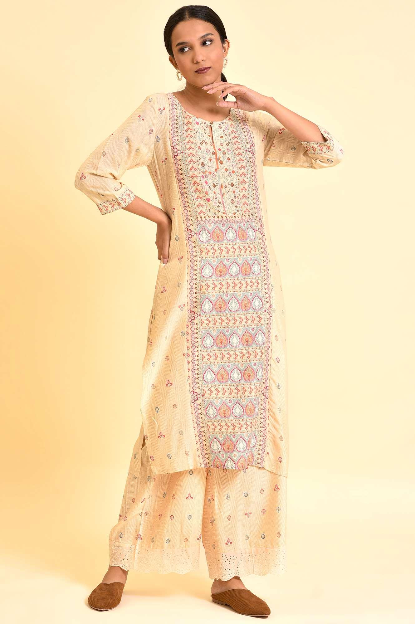Ecru Printed Panelled Kurta And Parallel Pants Set - Image 2