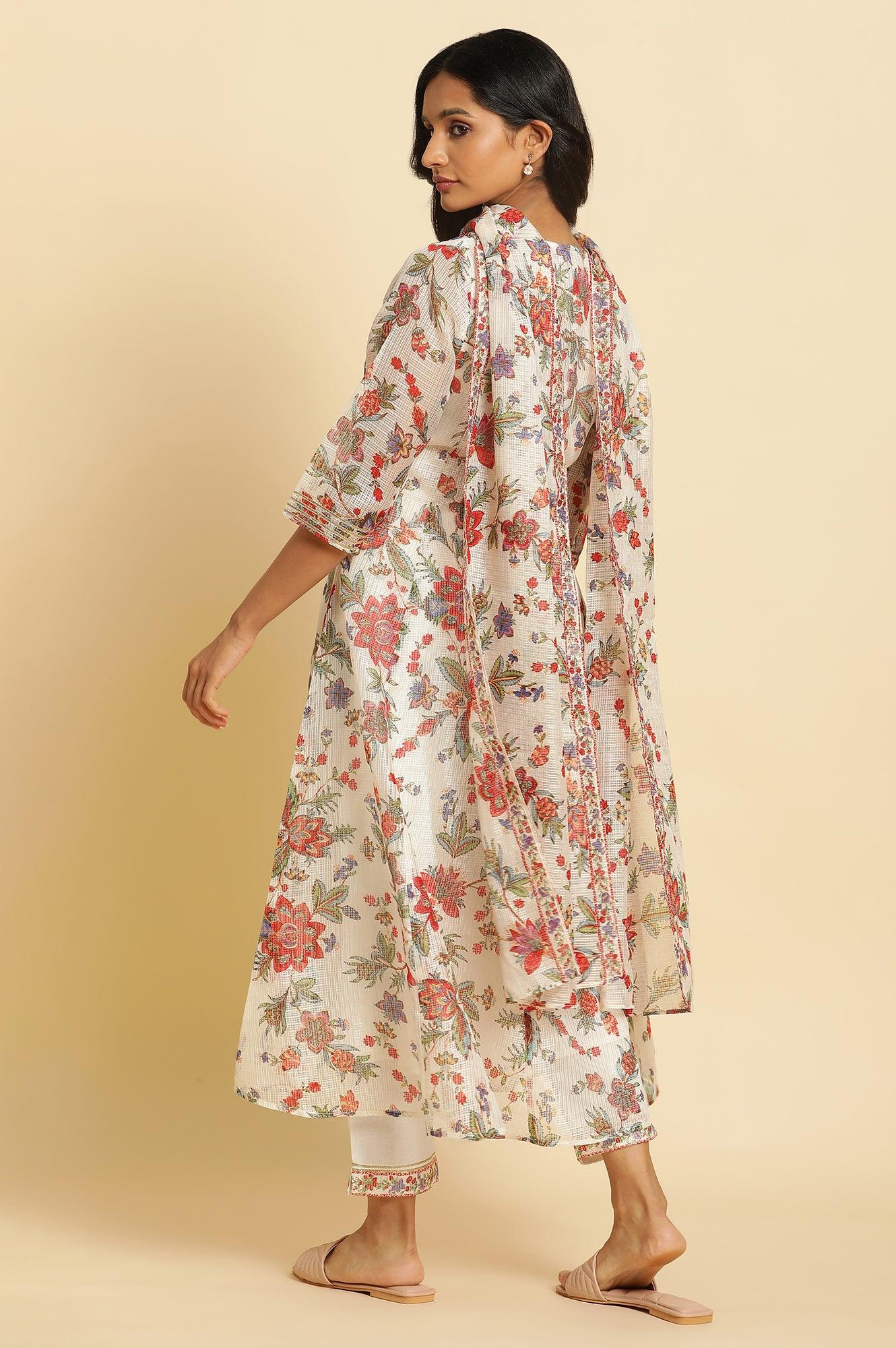 Ecru Printed Panelled Kurta, Pants And Dupatta Set - Image 3