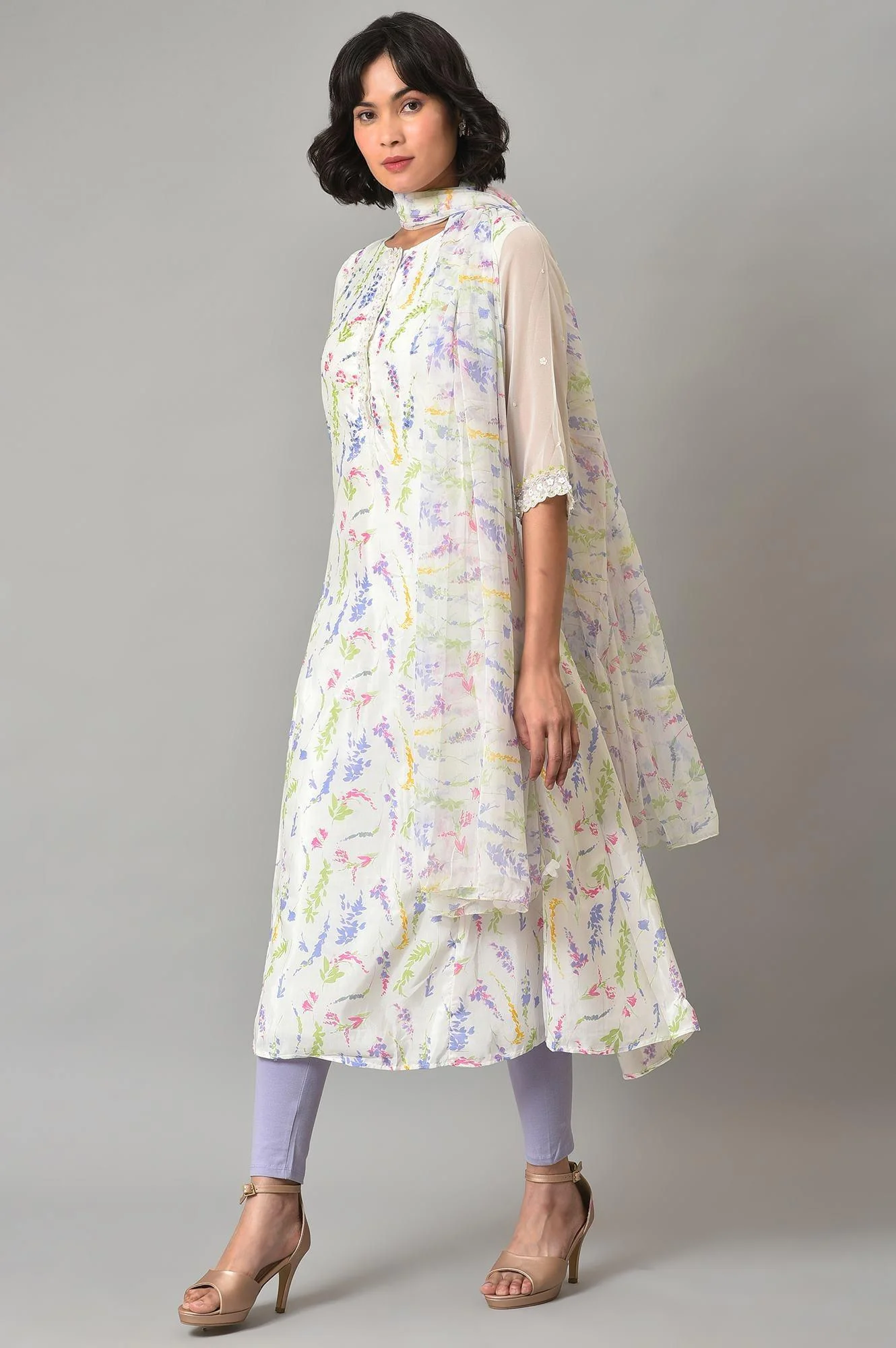 Ecru Printed Round Neck kurta With Tights And Dupatta - Image 3