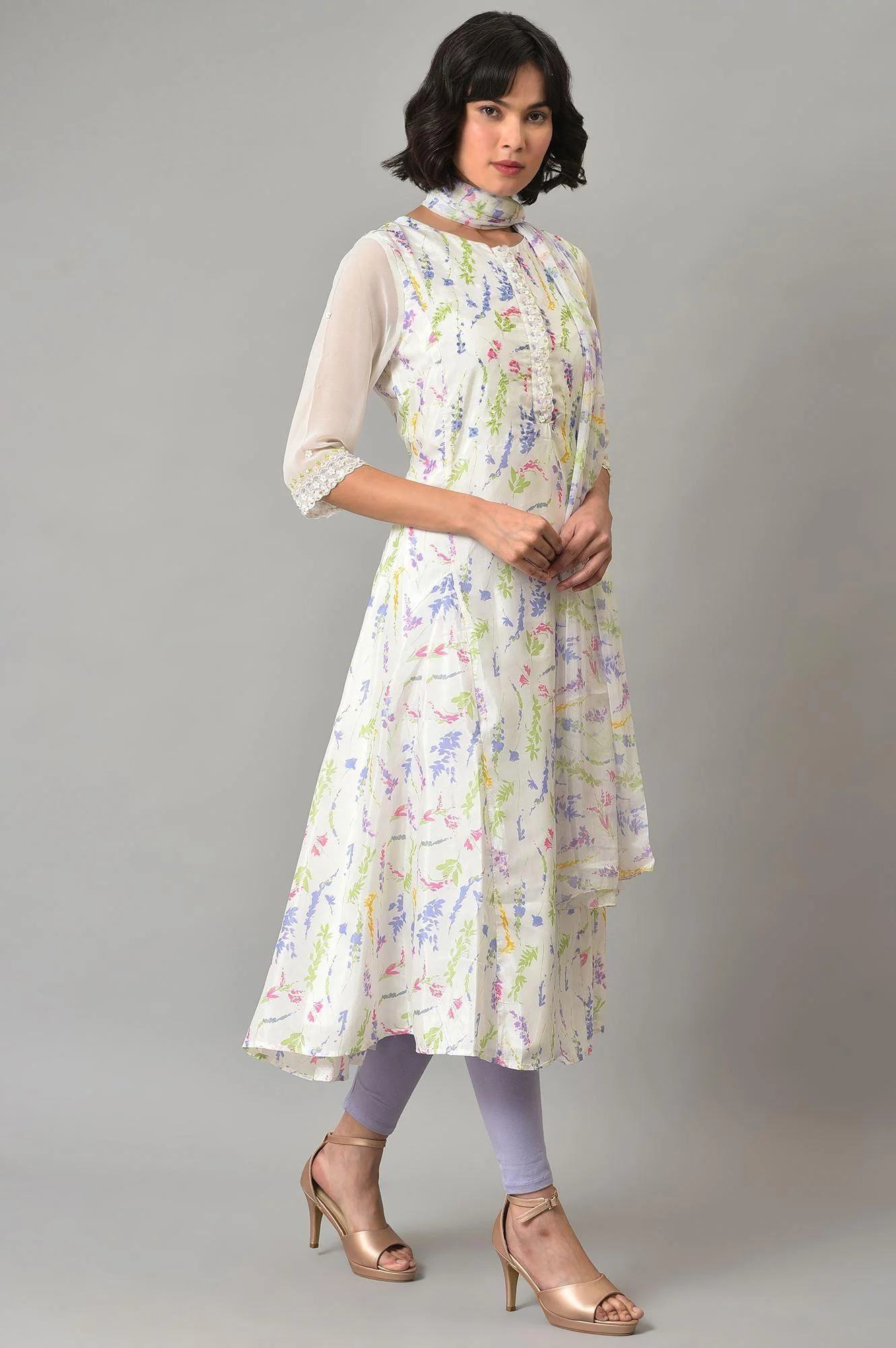 Ecru Printed Round Neck kurta With Tights And Dupatta - Image 4
