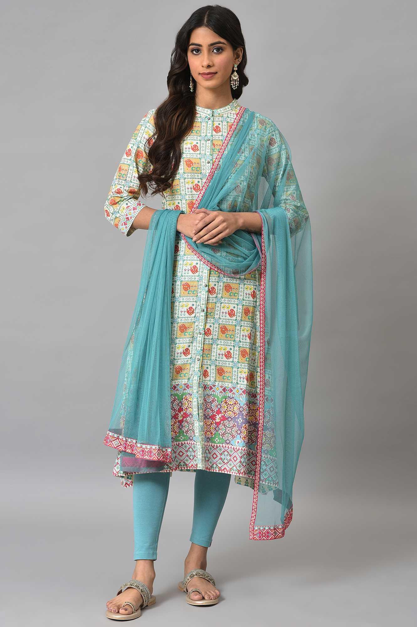 Ecru Printed Shirt kurta With Light Blue Tights And Dupatta