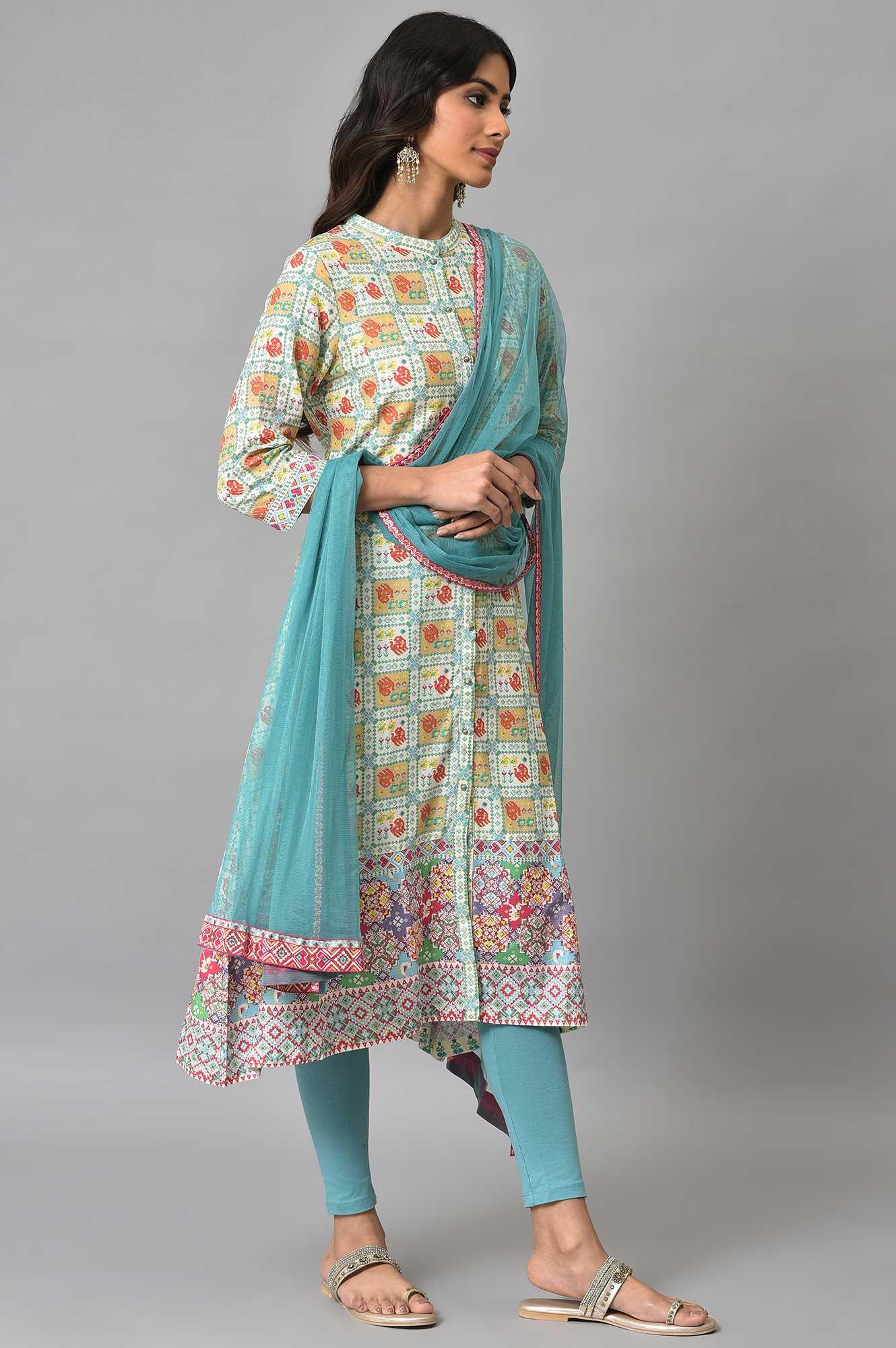 Ecru Printed Shirt kurta With Light Blue Tights And Dupatta - Image 4