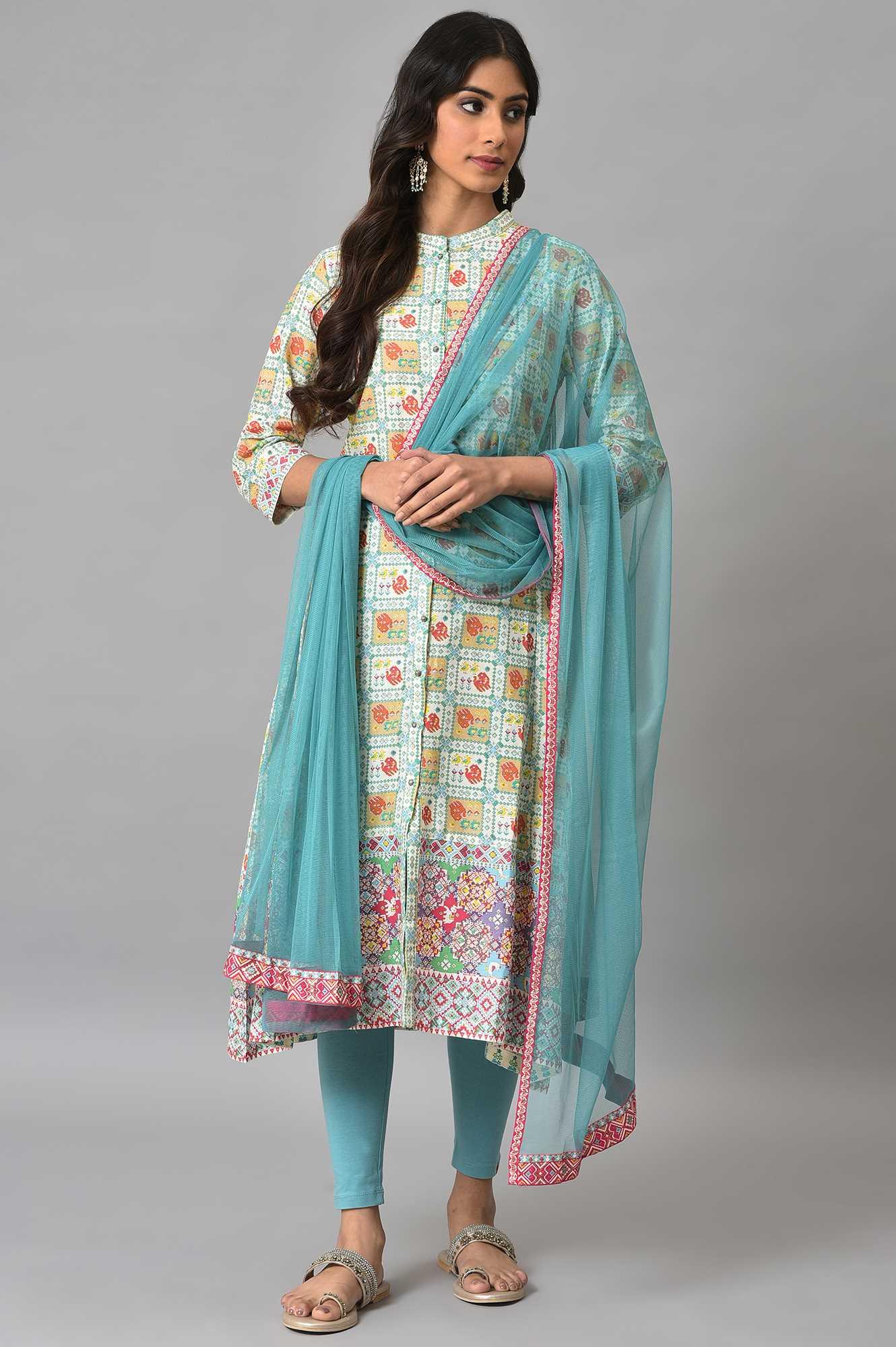 Ecru Printed Shirt kurta With Light Blue Tights And Dupatta - Image 9