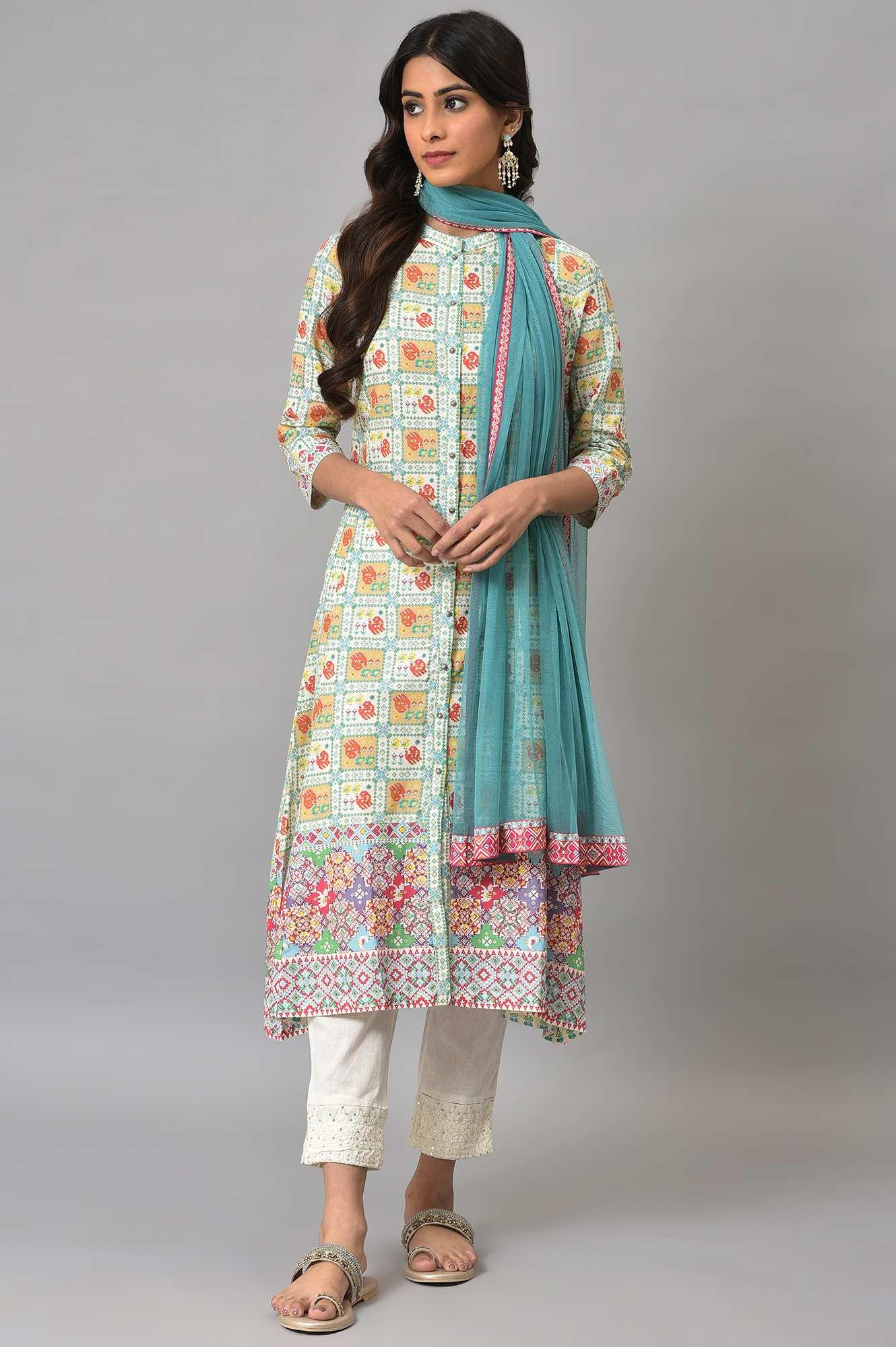Ecru Printed Shirt kurta With Pants And Dupatta - Image 10