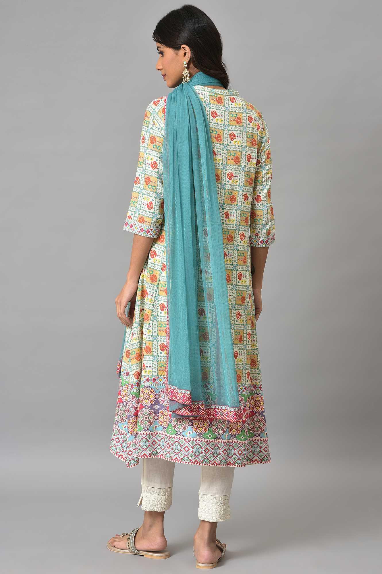 Ecru Printed Shirt kurta With Pants And Dupatta - Image 2
