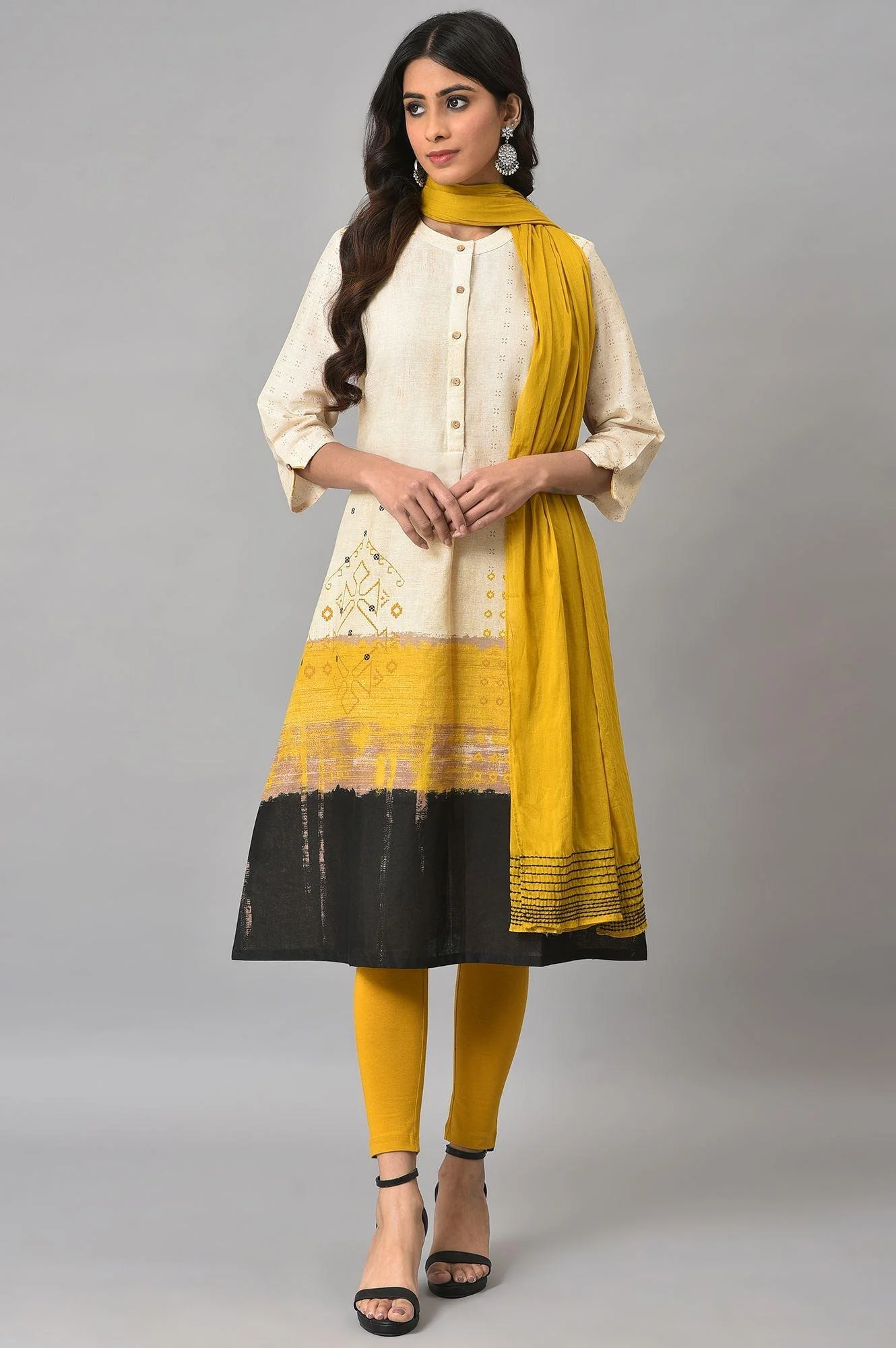 Ecru Printed Shirt kurta With Yellow Straight Pants - Image 9