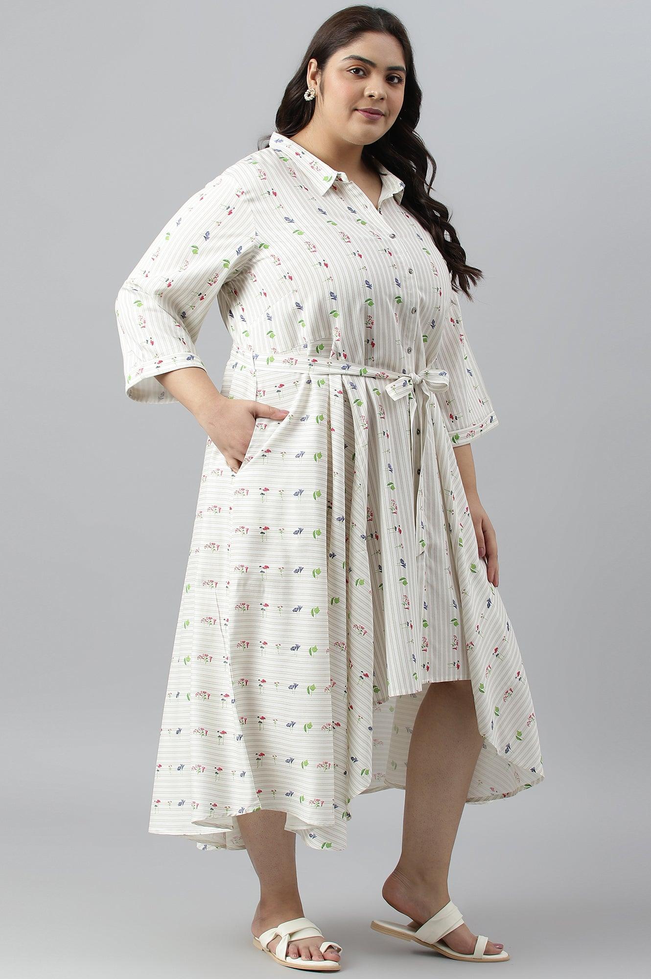 Ecru Printed Summer Plus Size Shirt Dress - Image 3