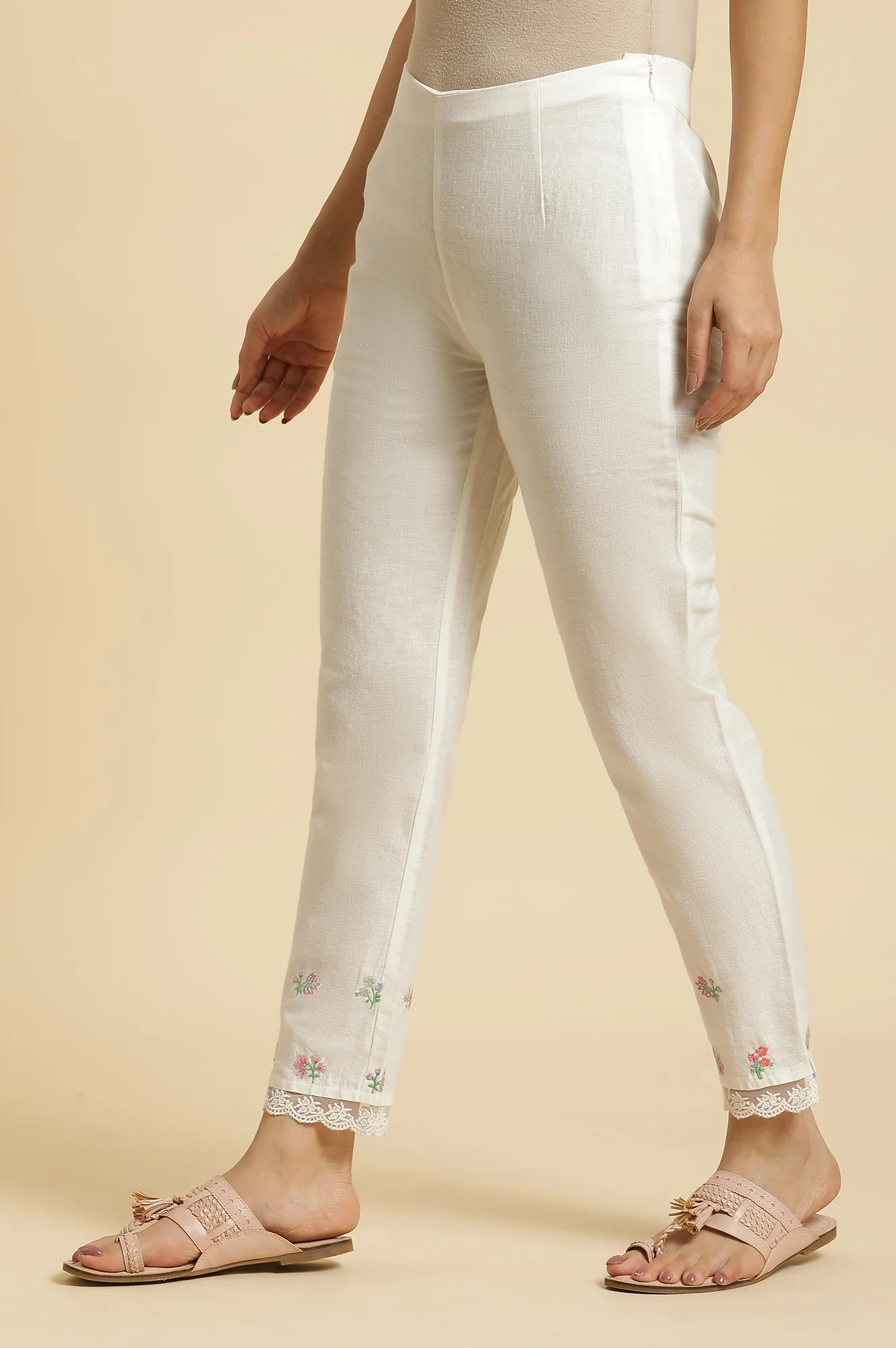 Ecru Printed Thread Work Rayon A-Line Kurta and Slim Pant Set - Image 6