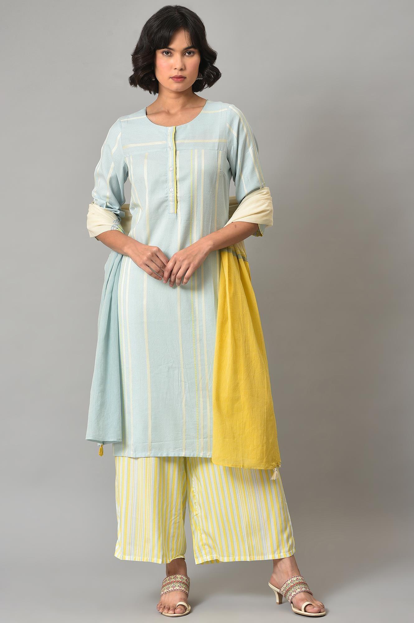 Ecru Rayon Dobby kurta With Yellow Parallel Pants And Ecru Dupatta - Image 9