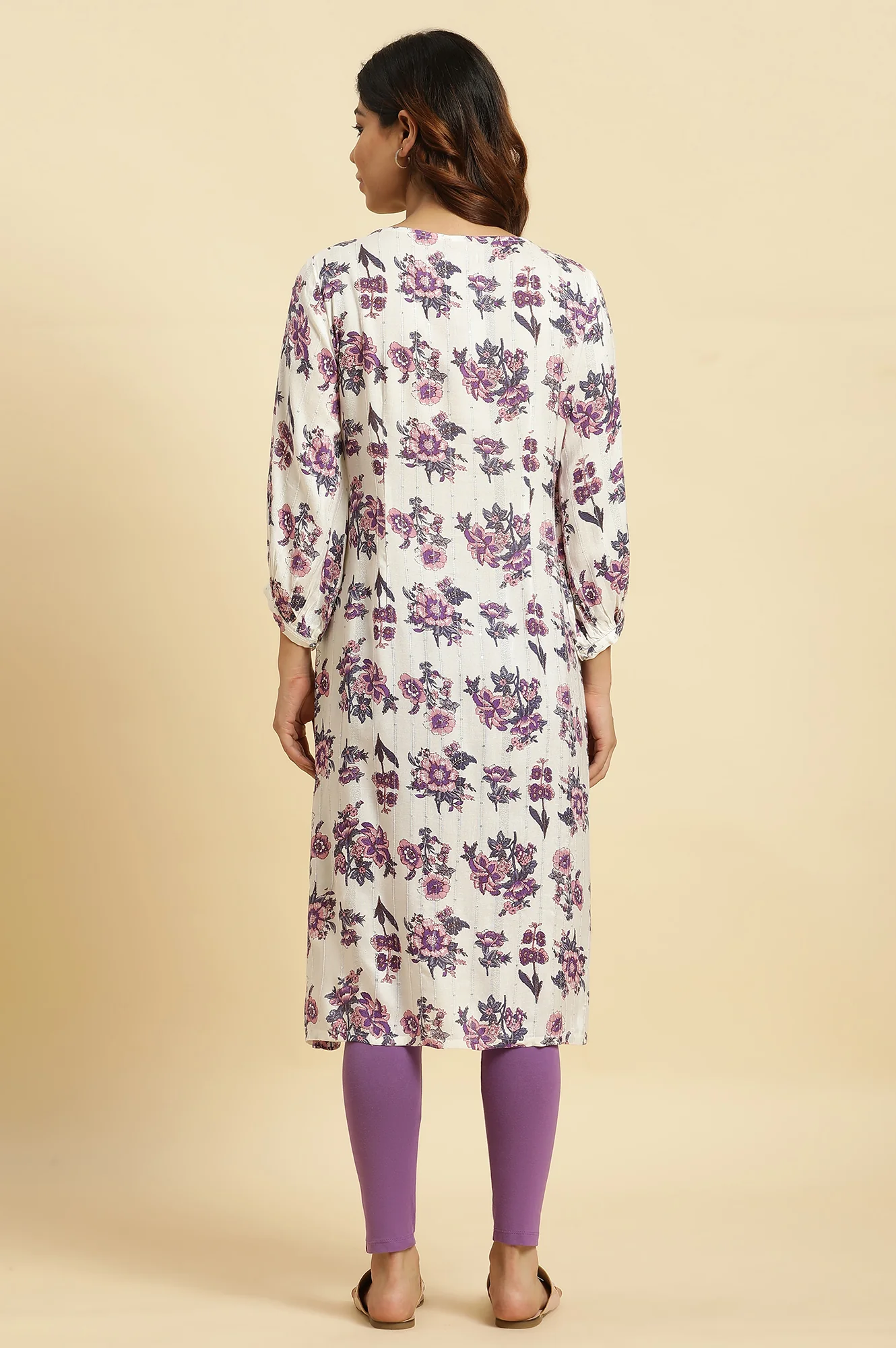Ecru Relaxed Fit Straight Kurta with Purple Floral Print - Image 4