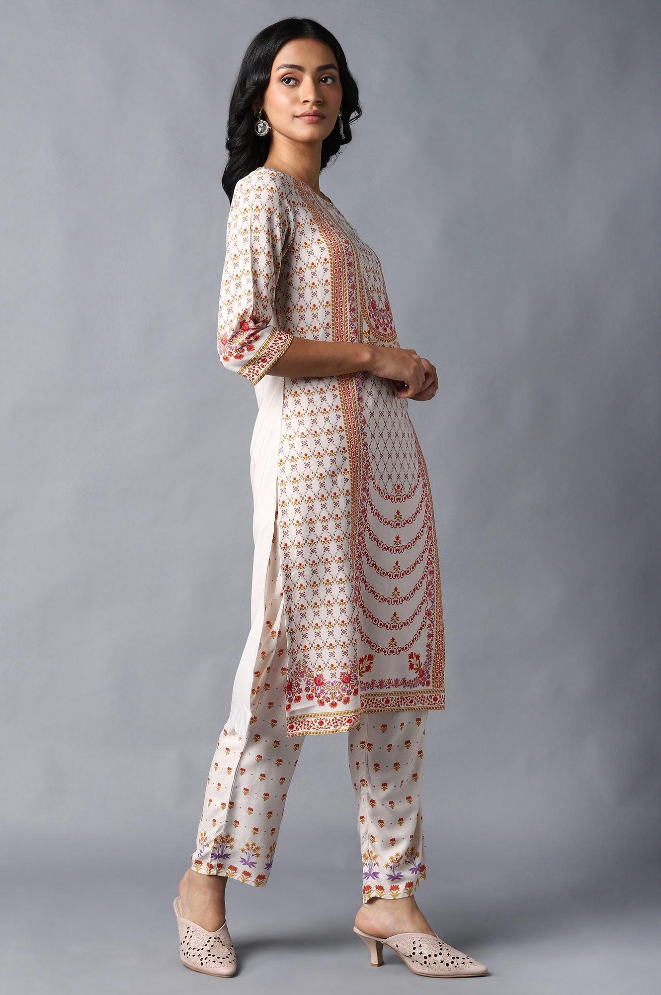 Ecru Round Neck kurta With Multicoloured Floral Print - Image 5