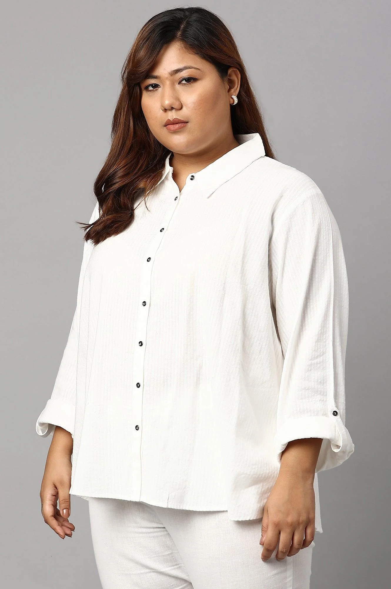 Ecru Shirt Collar Plus Size Top - Image 3