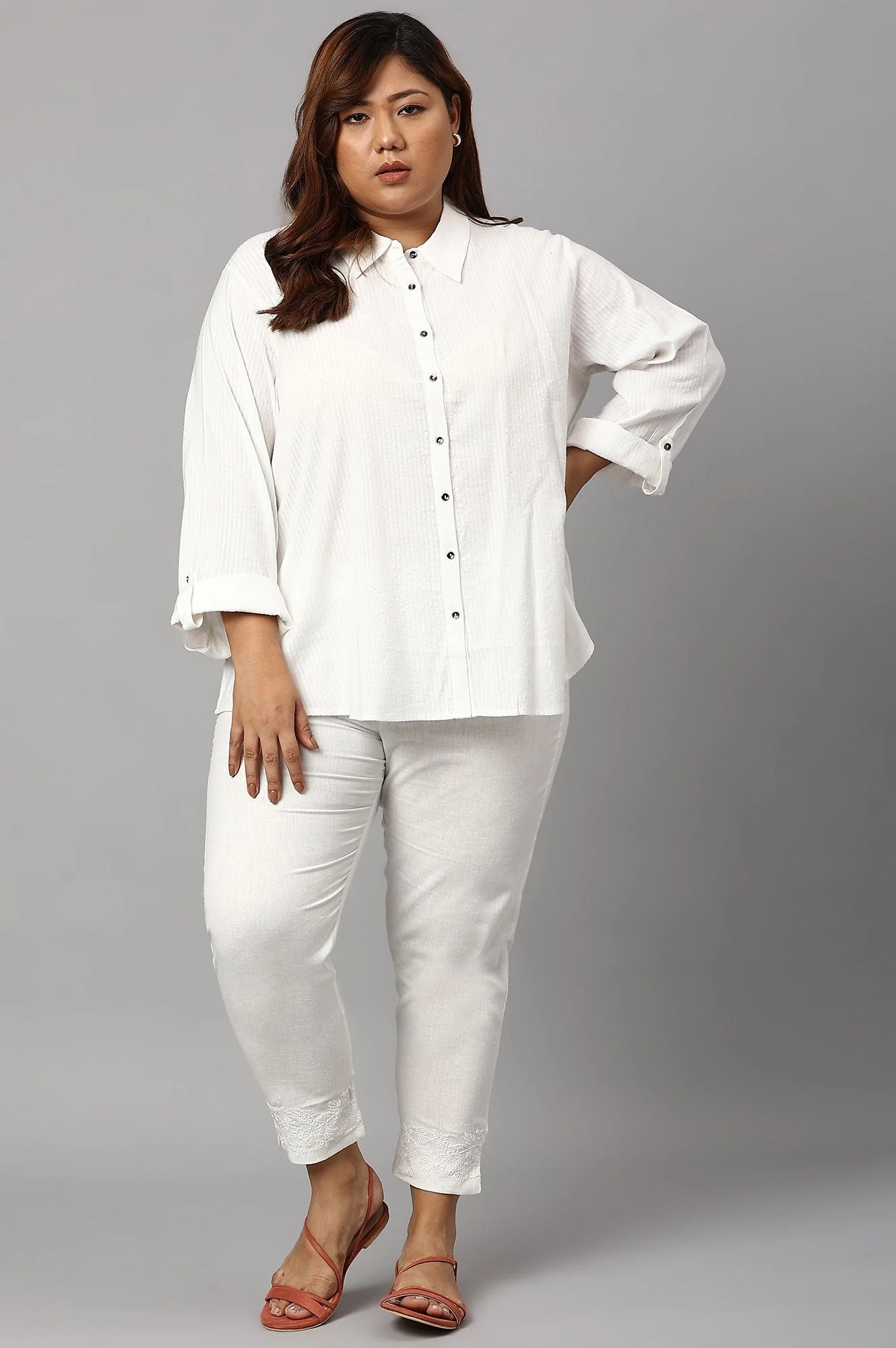 Ecru Shirt Collar Plus Size Top - Image 6