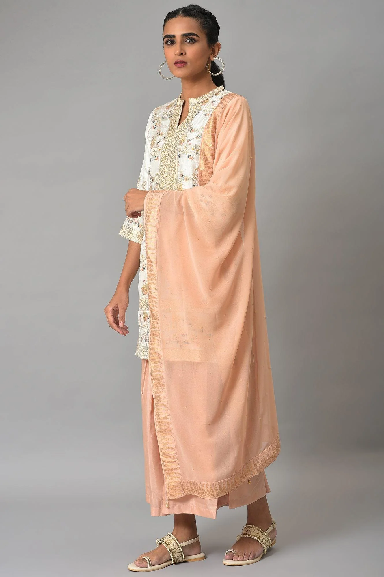 Ecru Short kurta And Pink Sharara With Dupatta Festive Set - Image 3