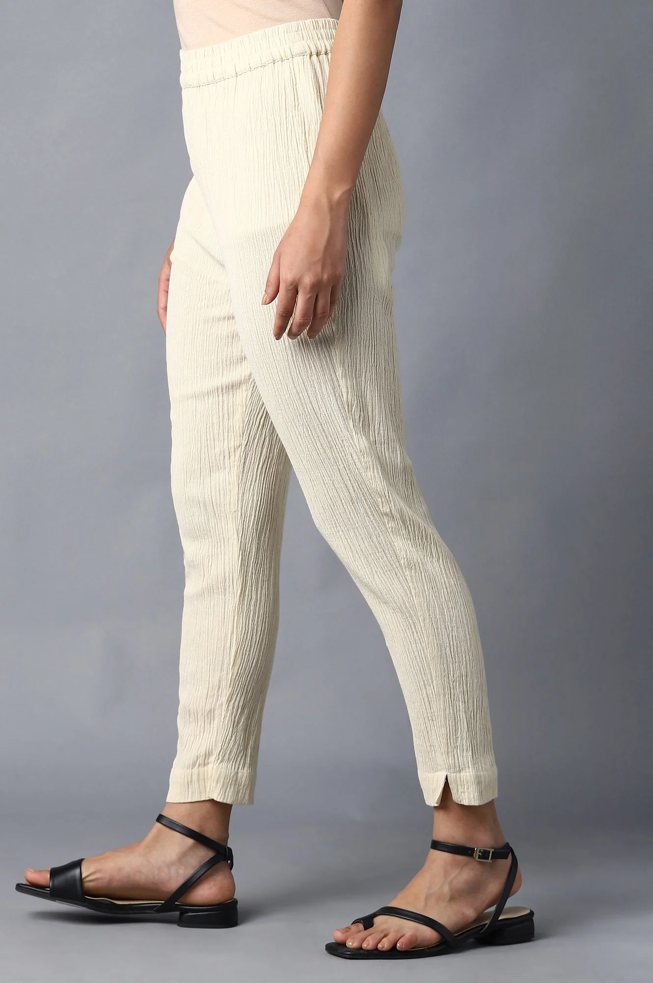 Cream Slim Pants With Full Elastication - Image 3