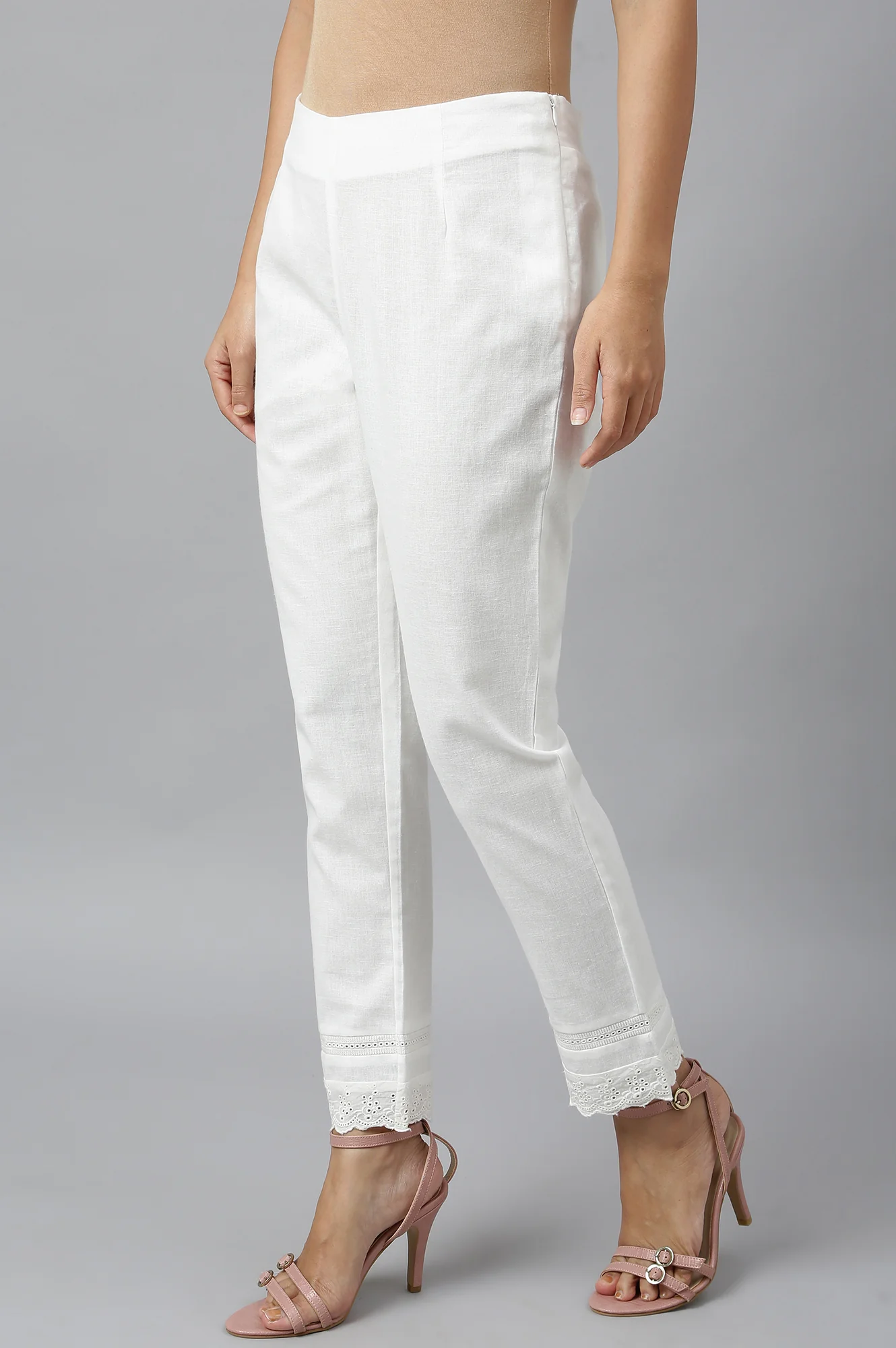 Ecru Slim Pants With Lace - Image 2