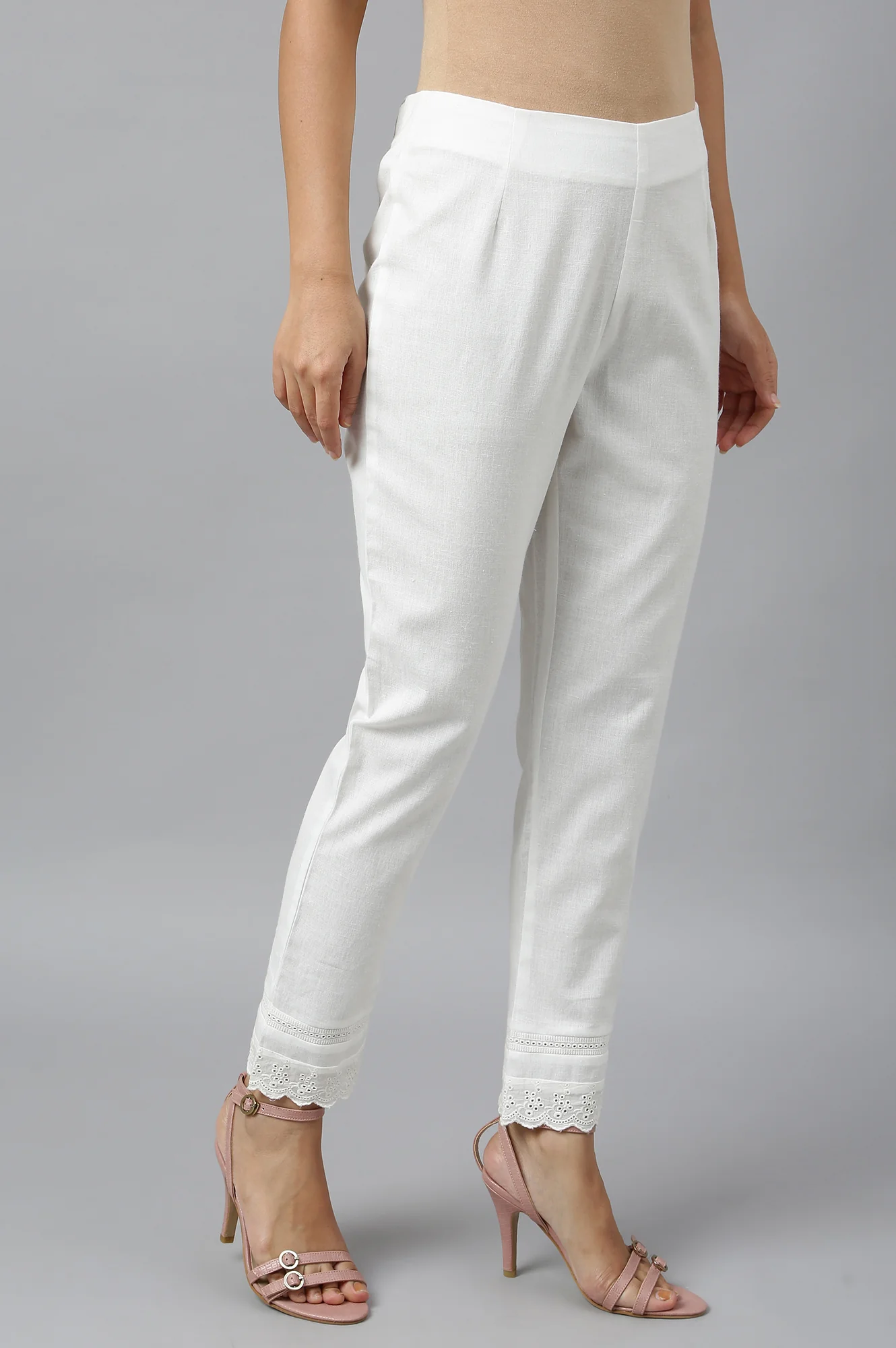Ecru Slim Pants With Lace - Image 5