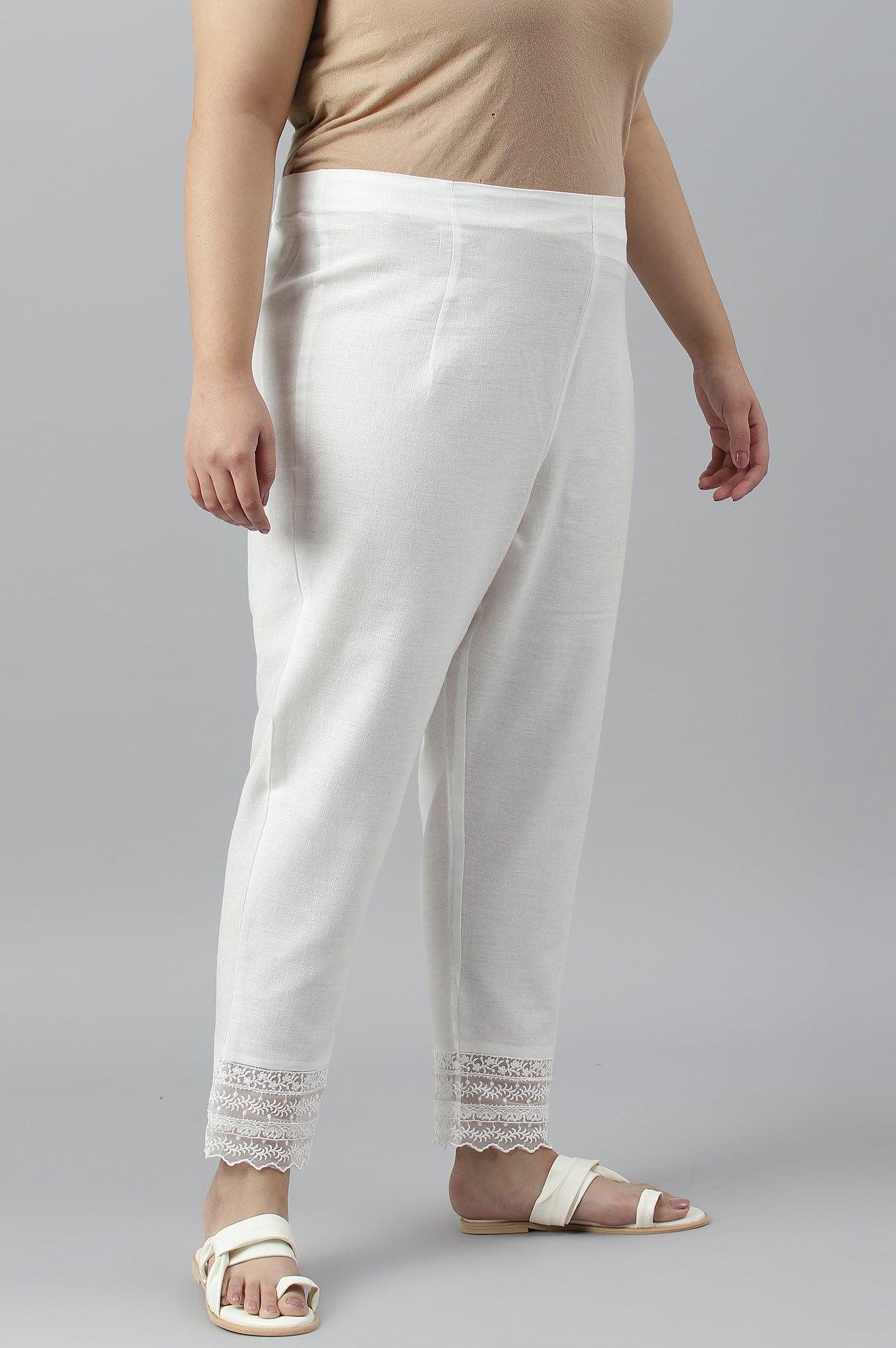Ecru Slim Pants With Lace Hemline - Image 3