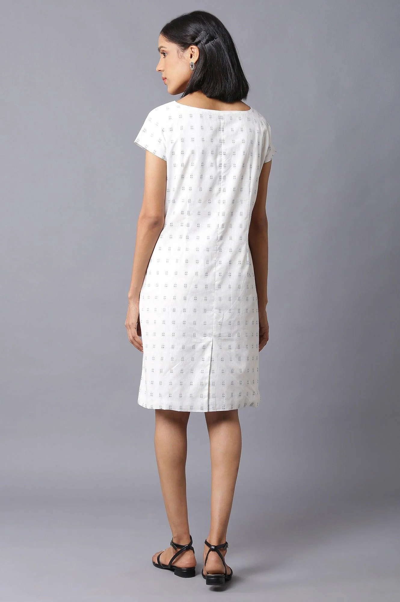 Ecru Solid Cotton Dobby Textured Dress In Round Neck - Image 2