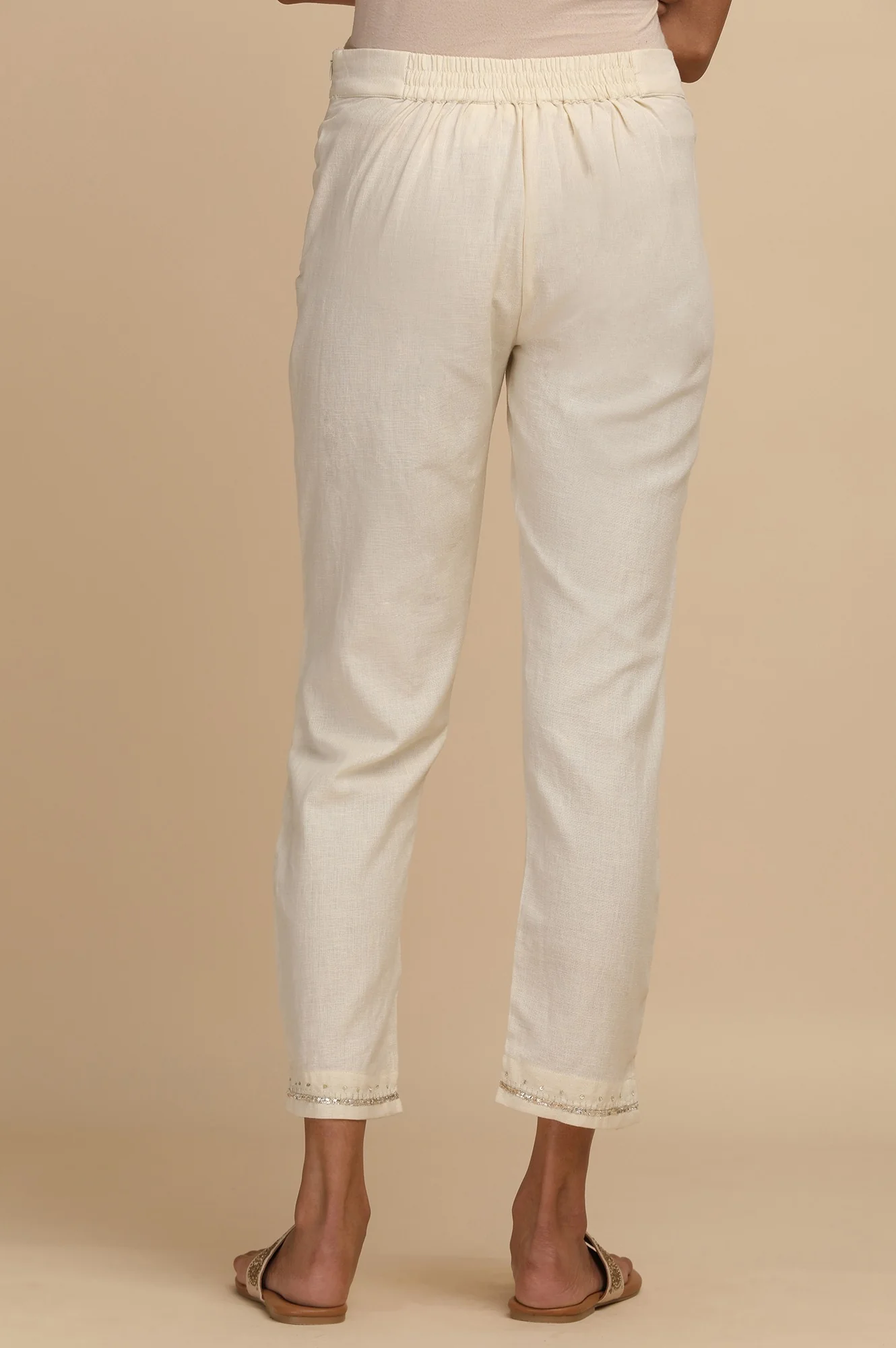 Ecru Solid Cotton Slim Pants - Image 2