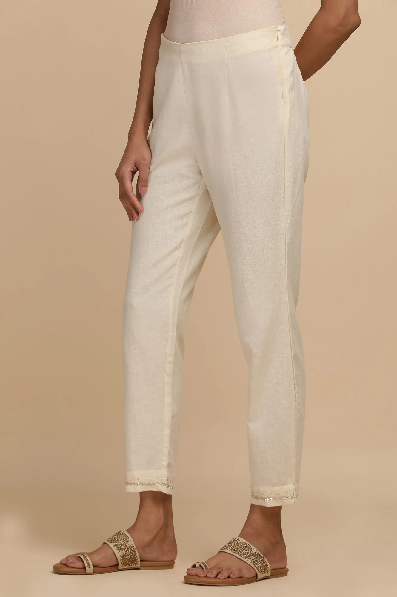 Ecru Solid Cotton Slim Pants - Image 3
