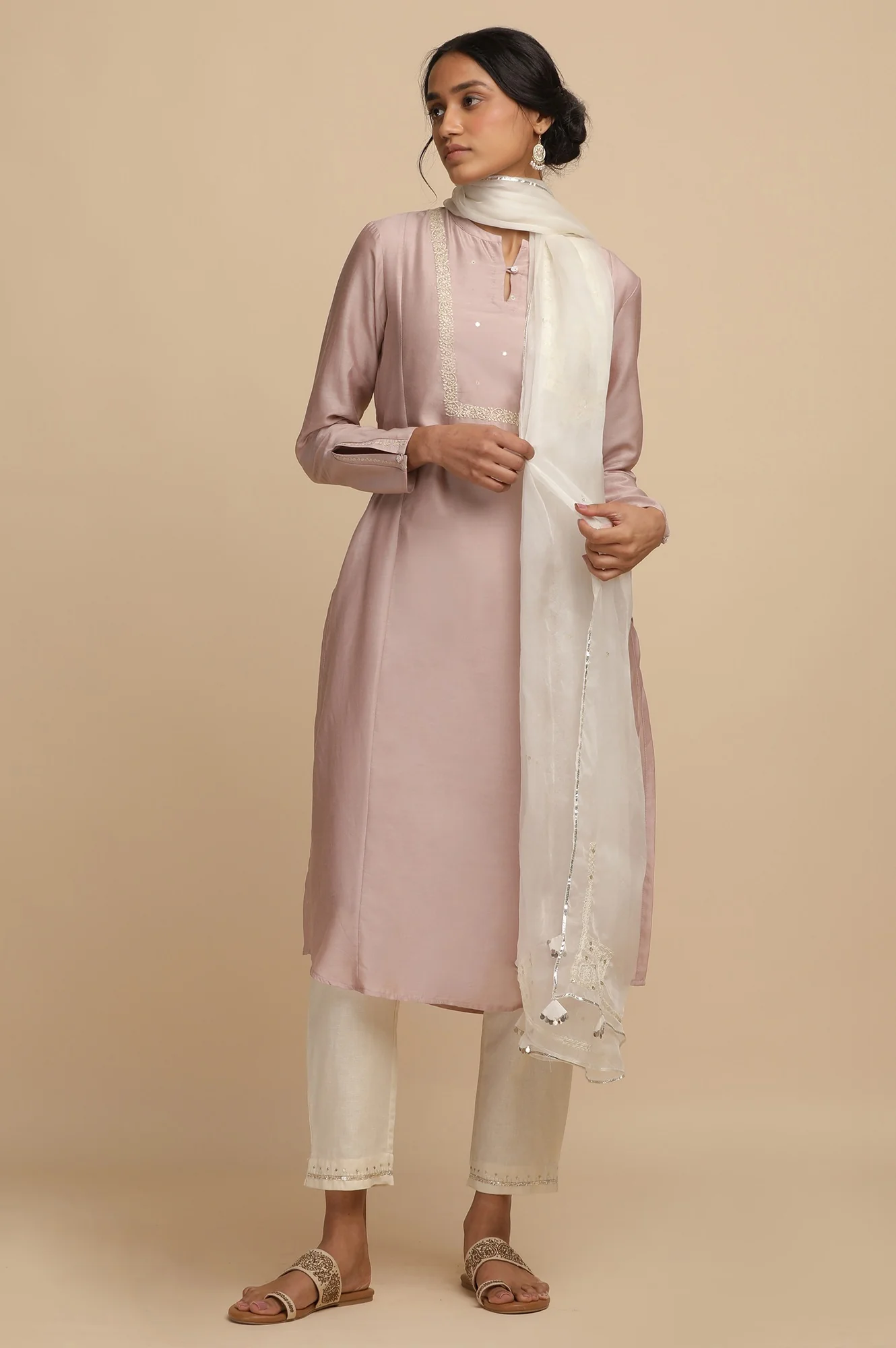 Ecru Solid Cotton Slim Pants - Image 5