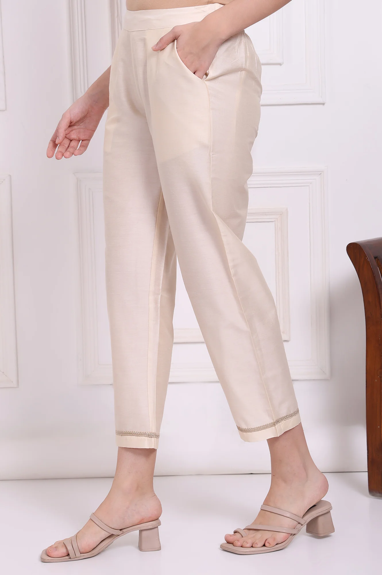Ecru Solid Embroidered Hem Straight Pants - Image 2