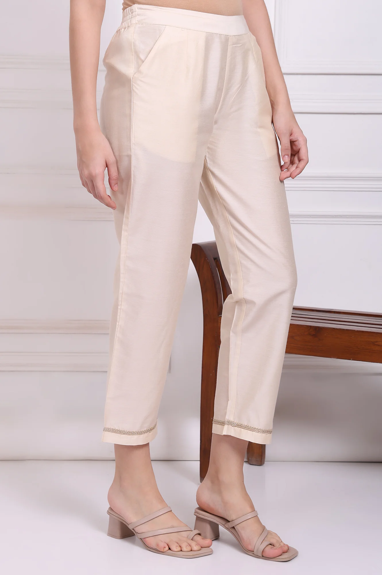 Ecru Solid Embroidered Hem Straight Pants - Image 3