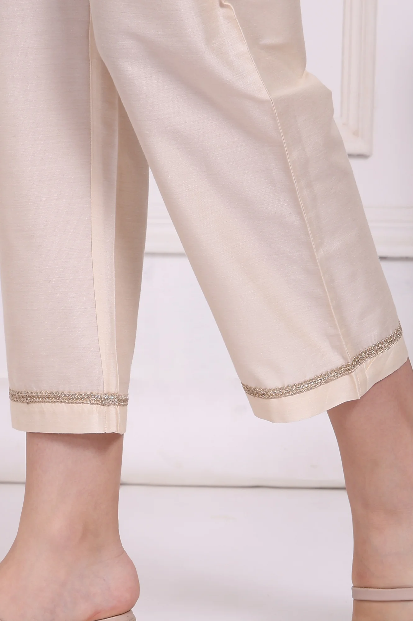 Ecru Solid Embroidered Hem Straight Pants - Image 7