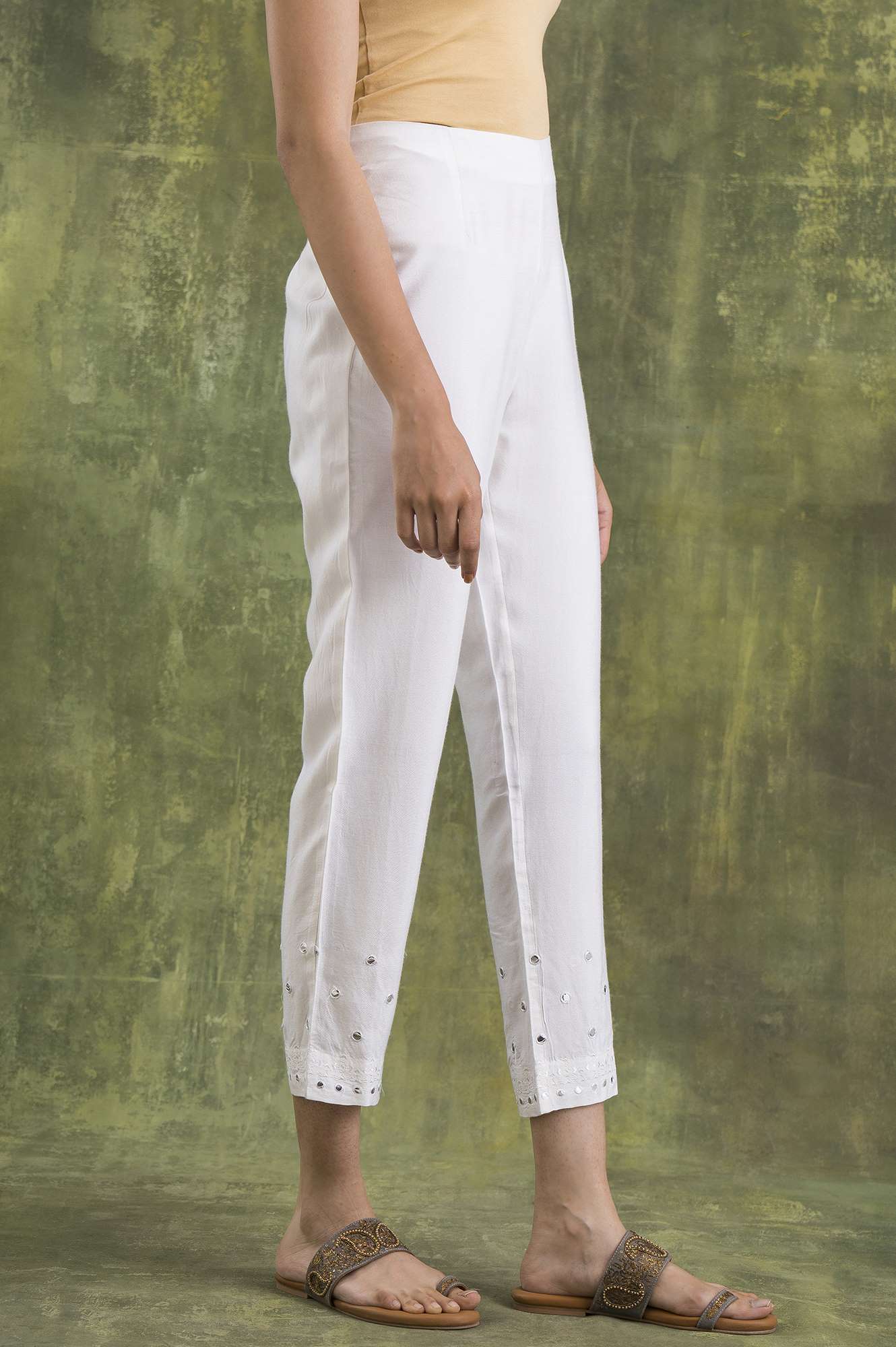 Marshmallow White Solid Slim Pants - Image 4