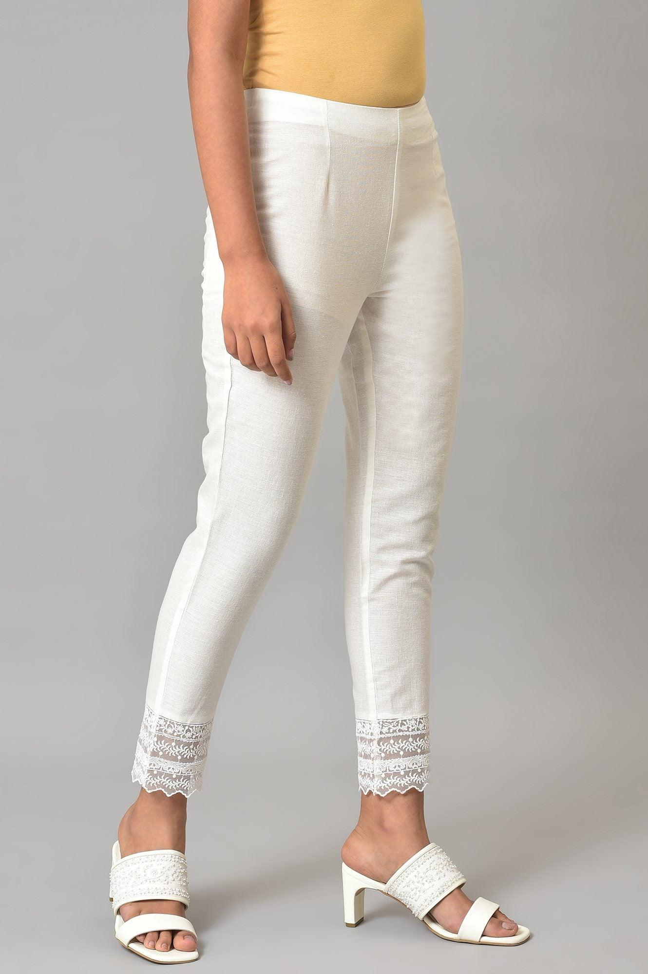 Ecru Solid Slim Pants With Lace - Image 4