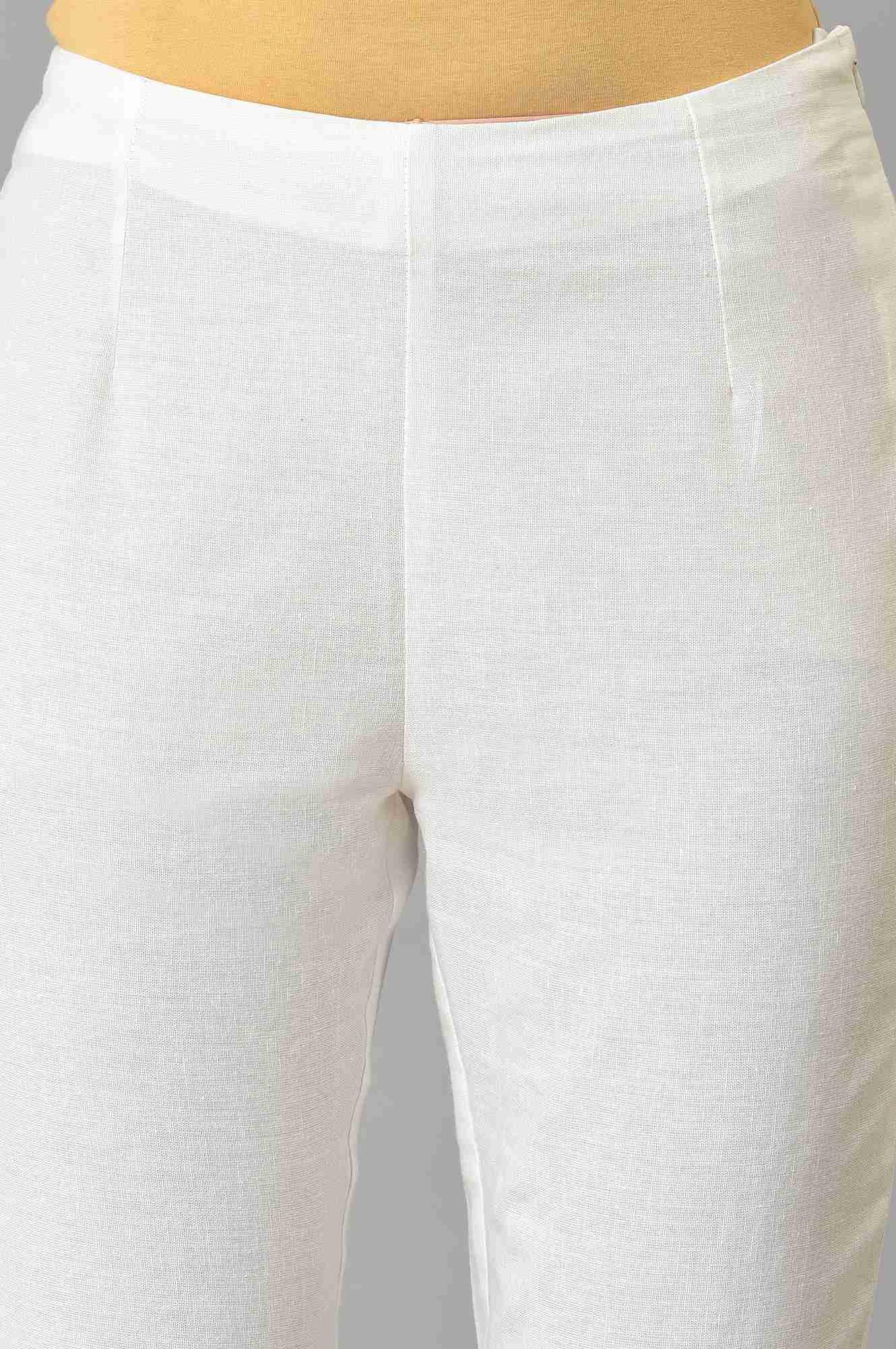 Ecru Solid Slim Pants With Lace - Image 6