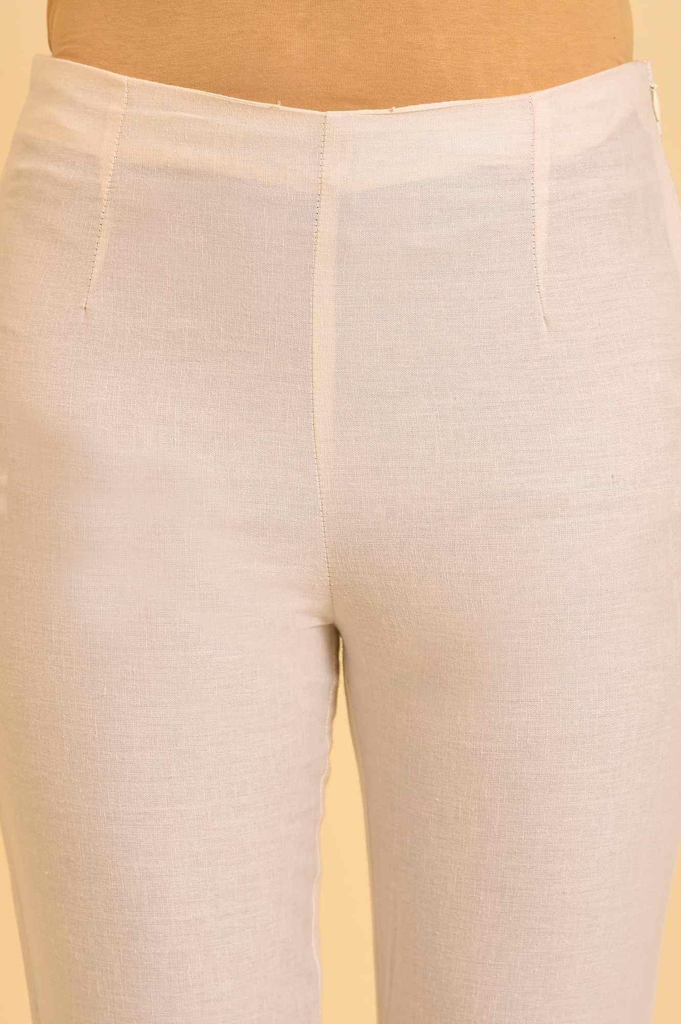 Ecru Solid Slim Pants With Lace On Hem - Image 7