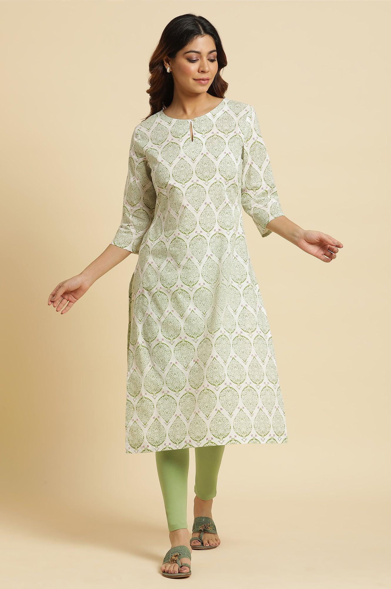 Ecru Straight Cotton Kurta In Green Paisley Print - Image 2