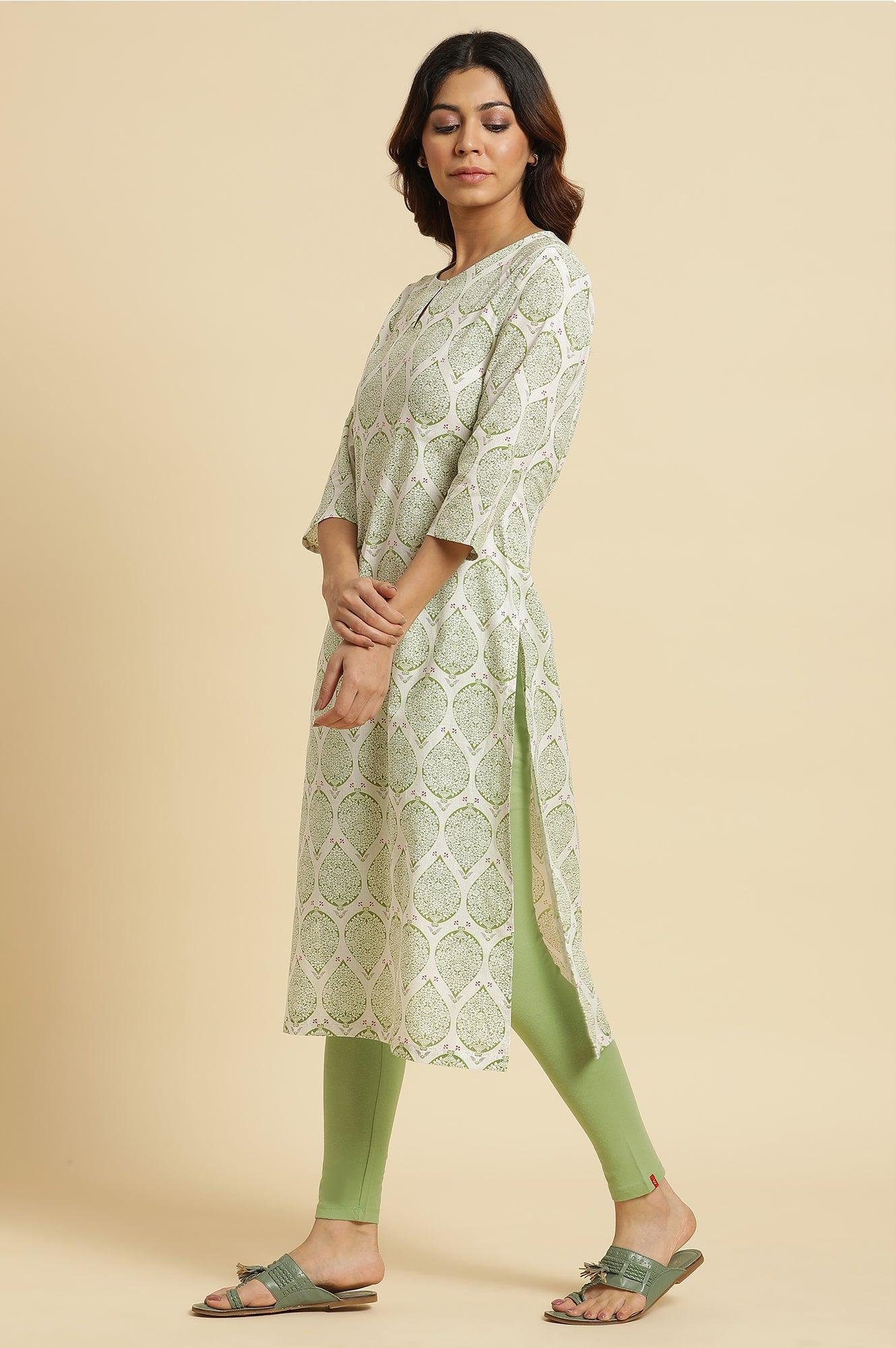 Ecru Straight Cotton Kurta In Green Paisley Print - Image 3