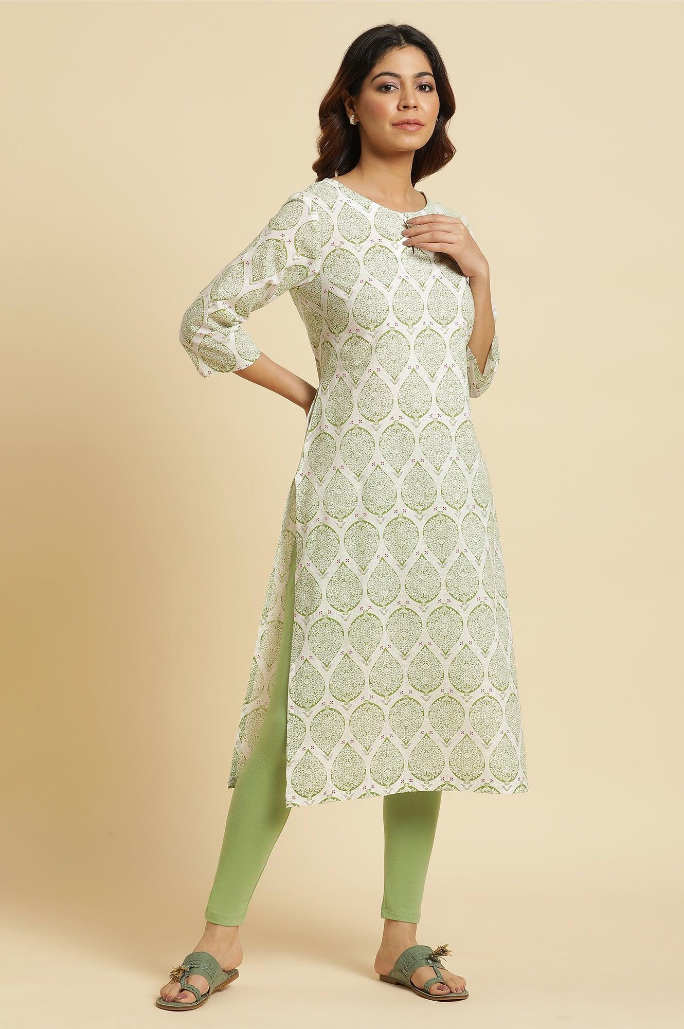 Ecru Straight Cotton Kurta In Green Paisley Print - Image 5