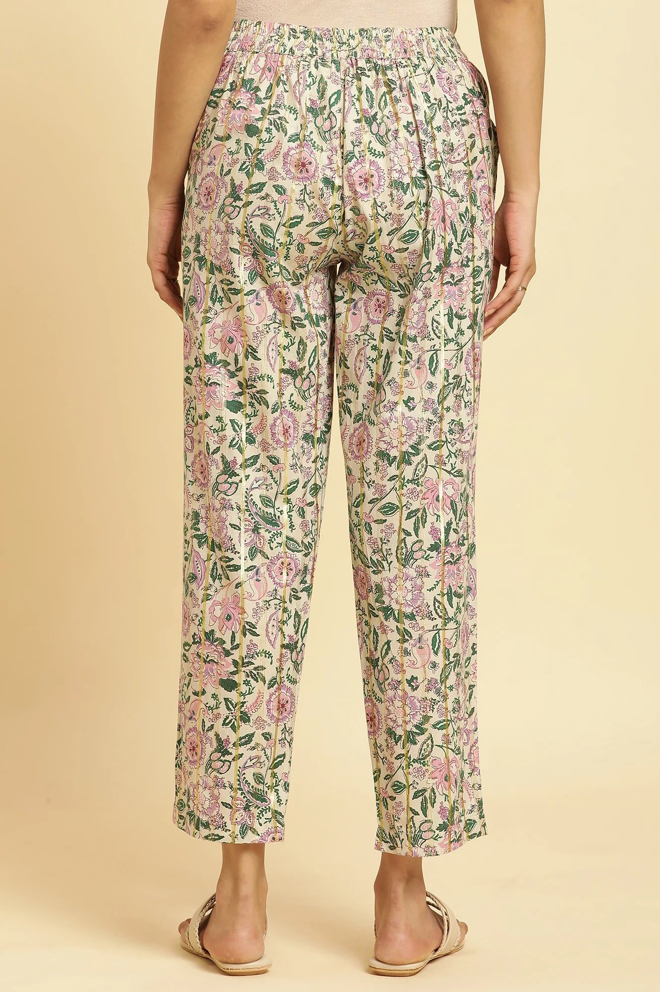 Ecru Straight Pants With Multi-Coloured Floral Print - Image 3