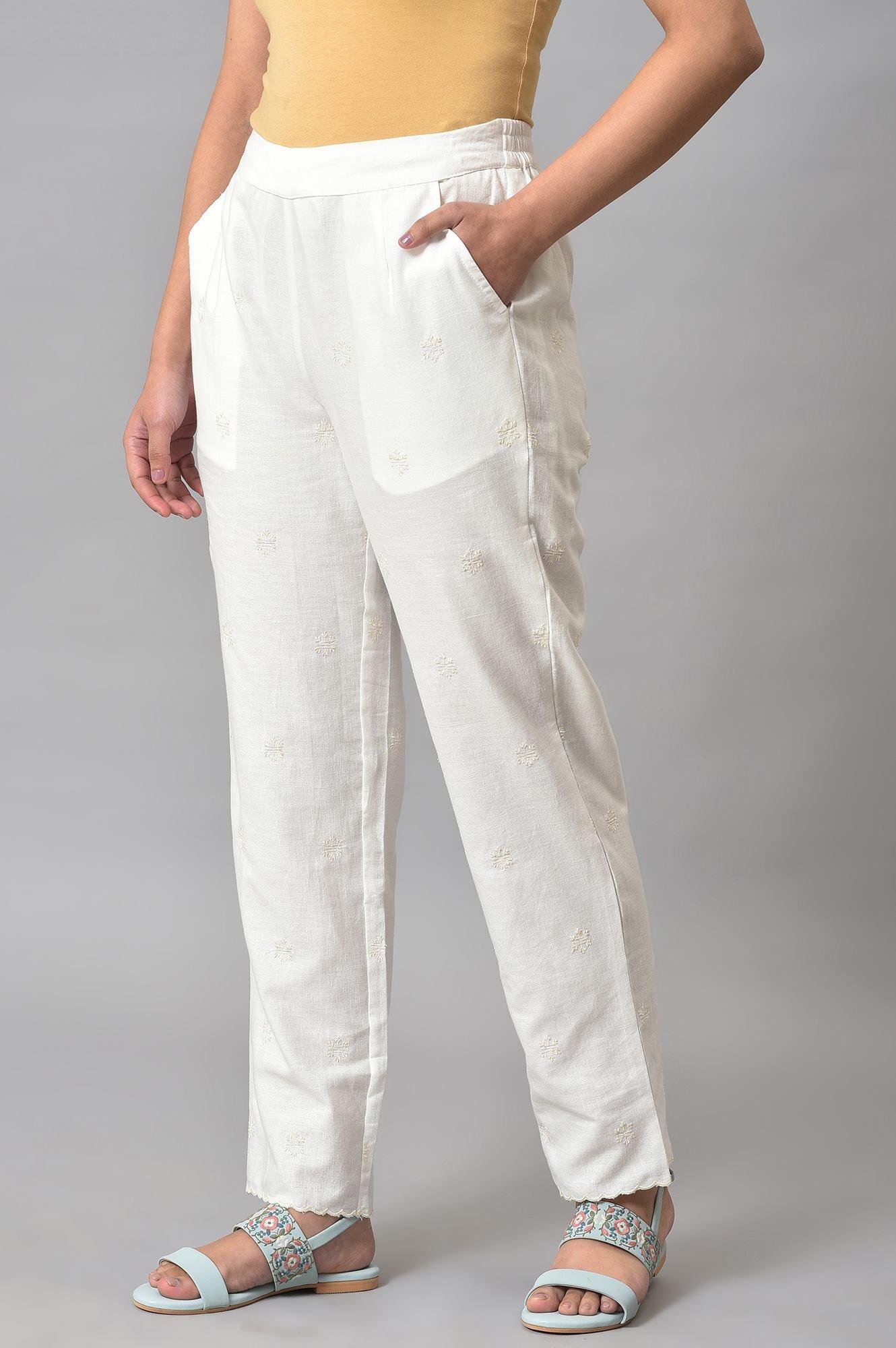 Ecru Straight Pants With Scalloped Hemline - Image 3